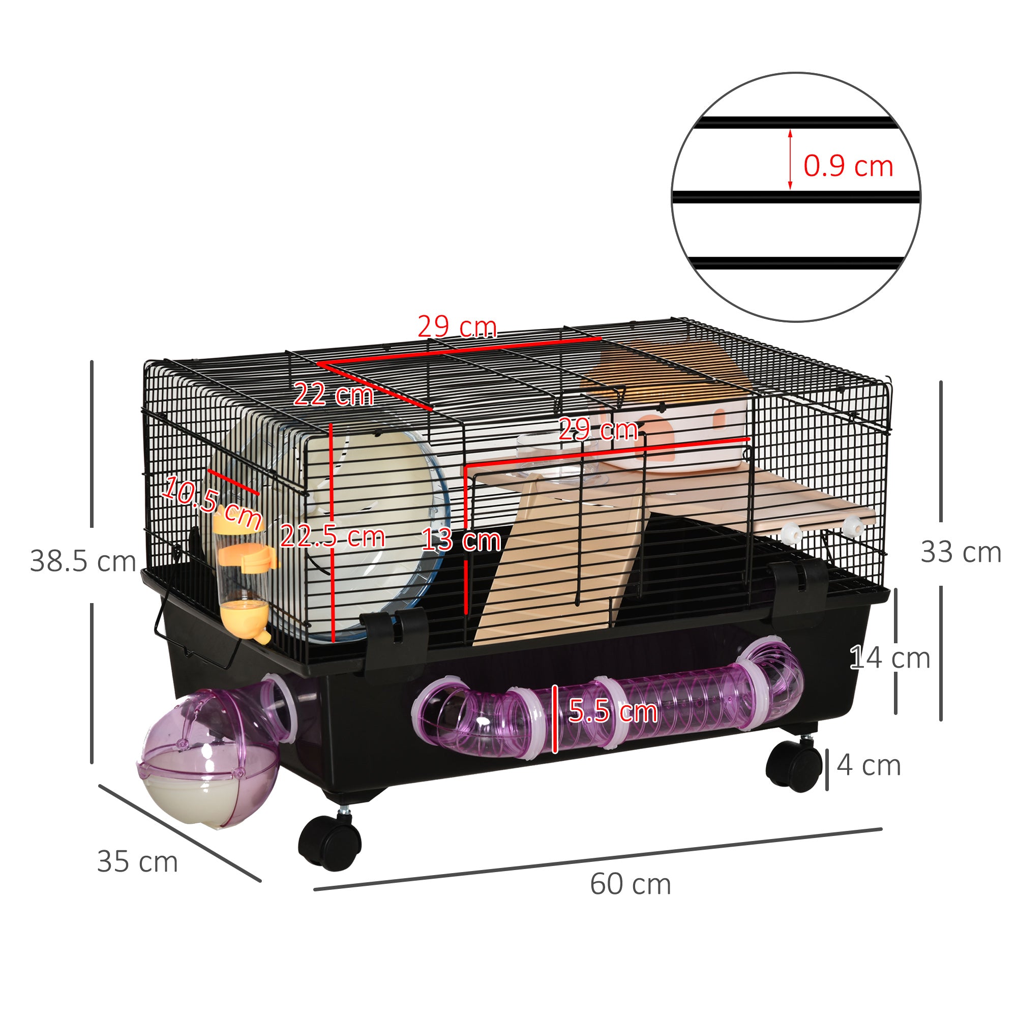 Multilevel Hamster Cage with House, Feeder, Water Bottle, Tunnel, and Wheel, Cage for Small Rodents with 4 Wheels