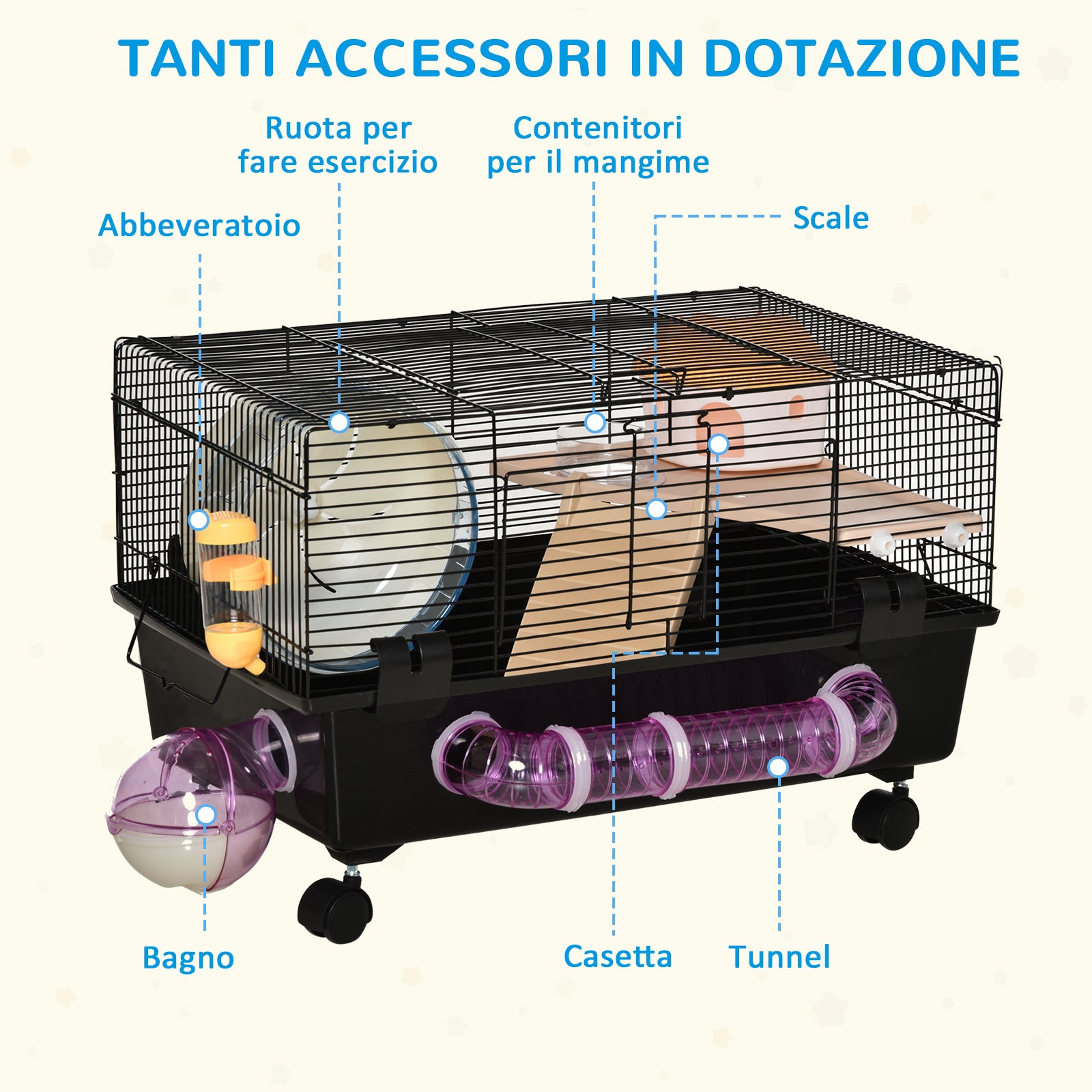 Multilevel Hamster Cage with House, Feeder, Water Bottle, Tunnel, and Wheel, Cage for Small Rodents with 4 Wheels