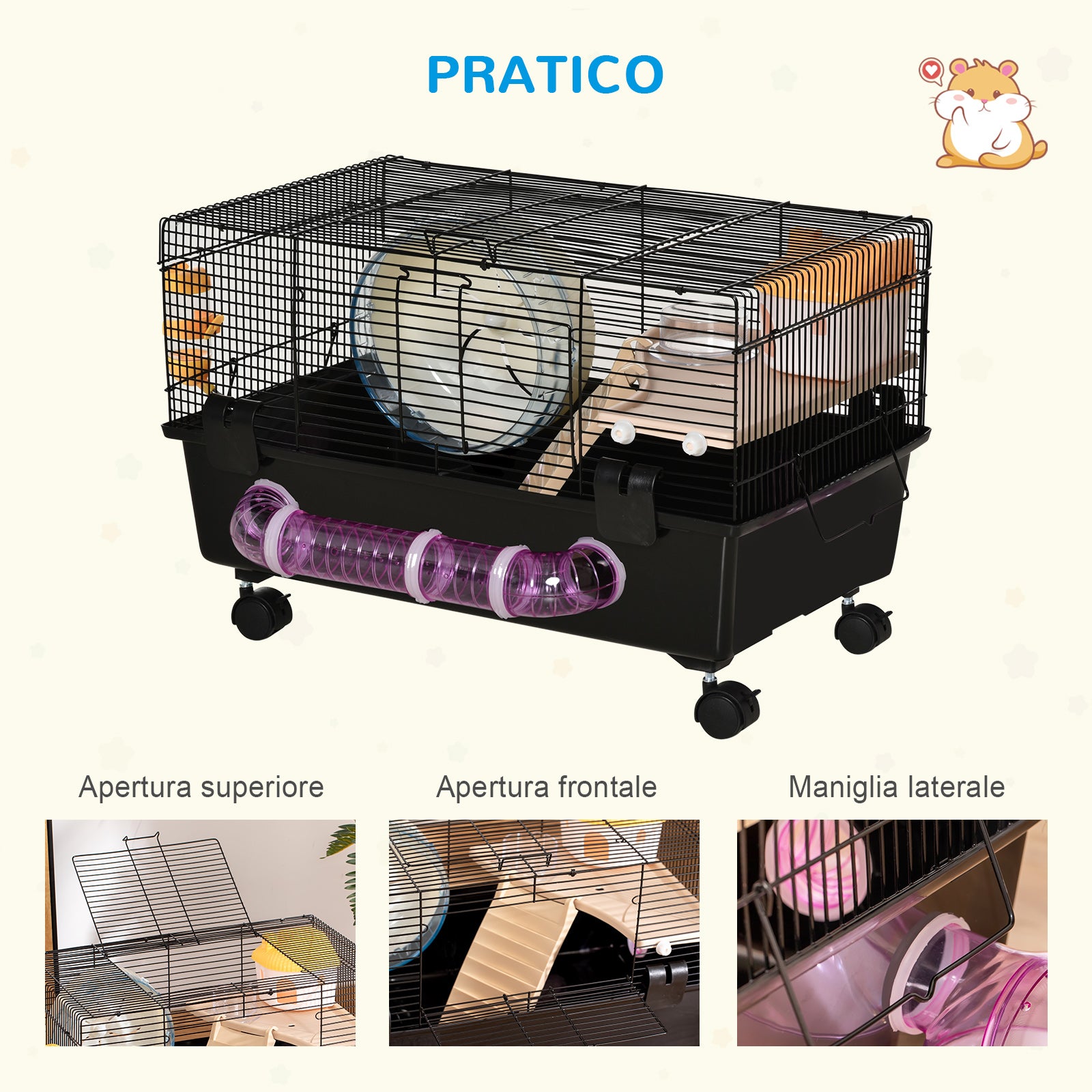 Multilevel Hamster Cage with House, Feeder, Water Bottle, Tunnel, and Wheel, Cage for Small Rodents with 4 Wheels