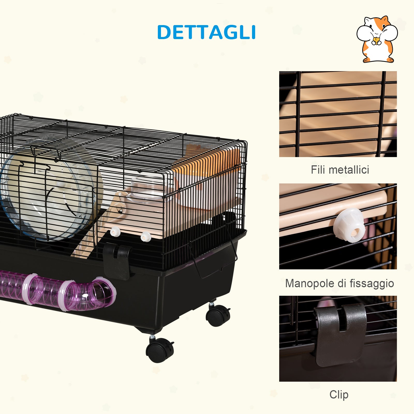 Multilevel Hamster Cage with House, Feeder, Water Bottle, Tunnel, and Wheel, Cage for Small Rodents with 4 Wheels