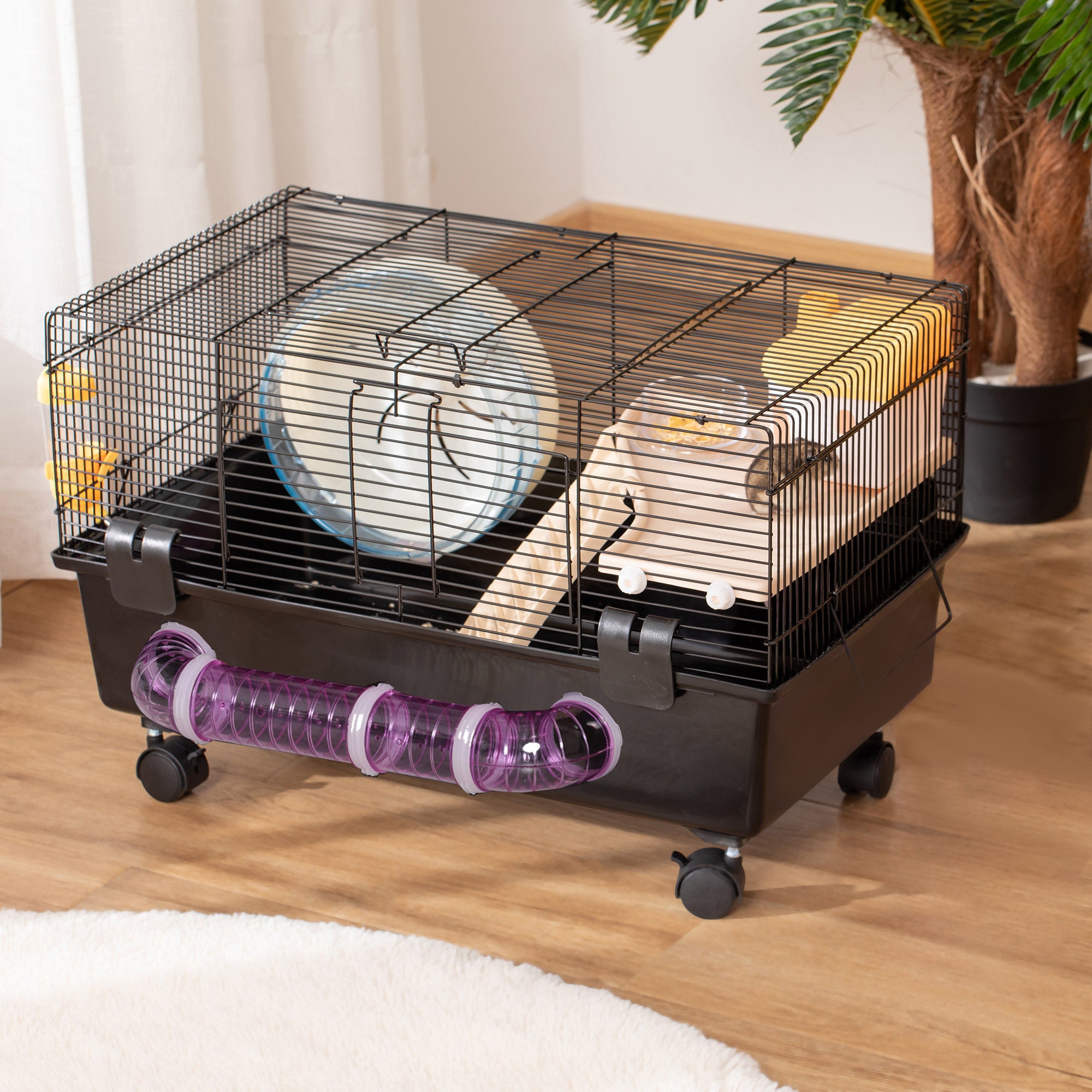 Multilevel Hamster Cage with House, Feeder, Water Bottle, Tunnel, and Wheel, Cage for Small Rodents with 4 Wheels