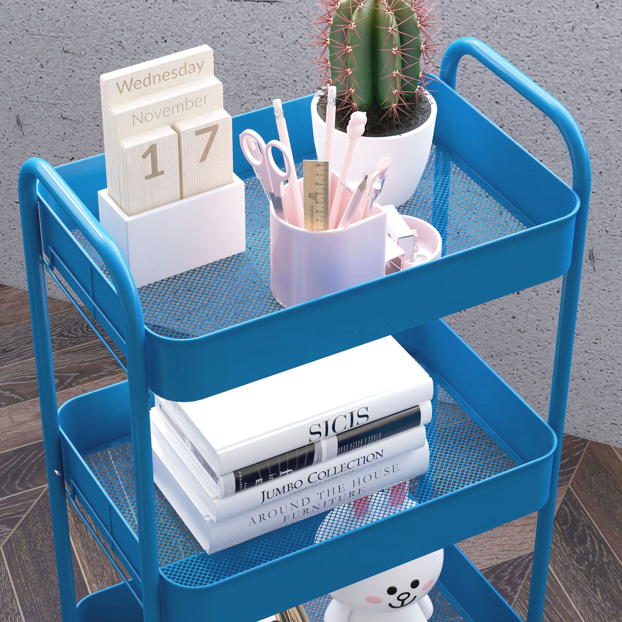 Utility Cart with Wheels 3 Baskets and Steel Frame for Living Room Bedroom Office Kitchen 45x30.6x79 cm Dark Blue