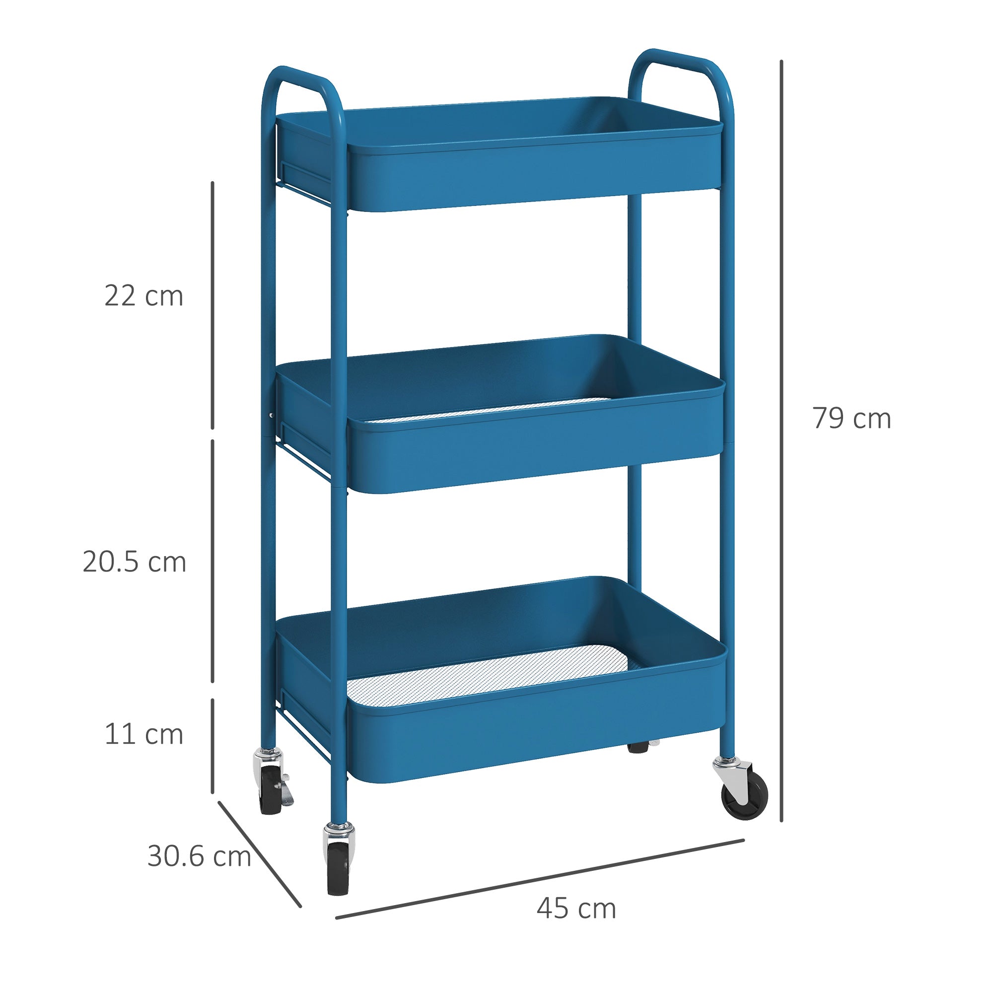 Utility Cart with Wheels 3 Baskets and Steel Frame for Living Room Bedroom Office Kitchen 45x30.6x79 cm Dark Blue