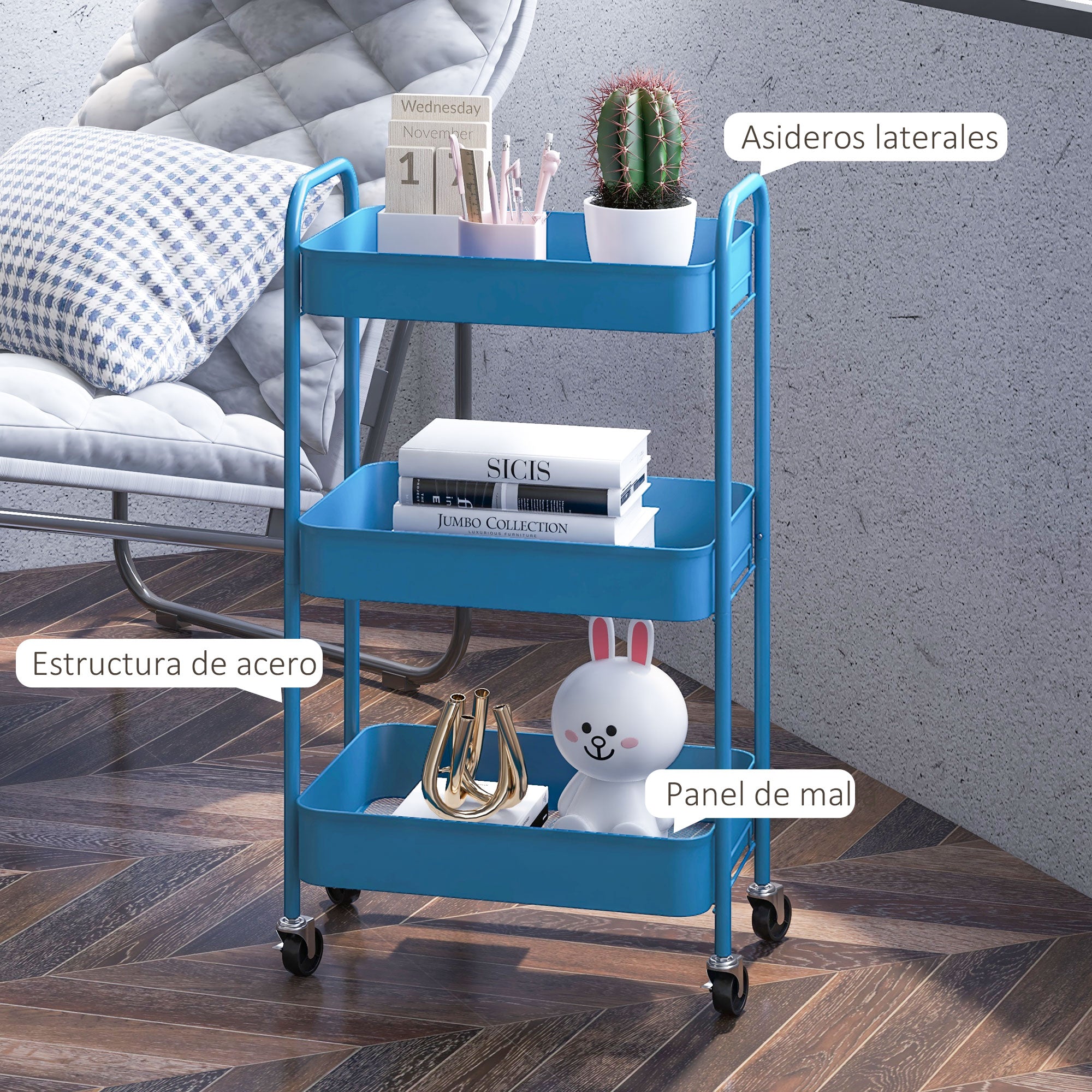 Utility Cart with Wheels 3 Baskets and Steel Frame for Living Room Bedroom Office Kitchen 45x30.6x79 cm Dark Blue