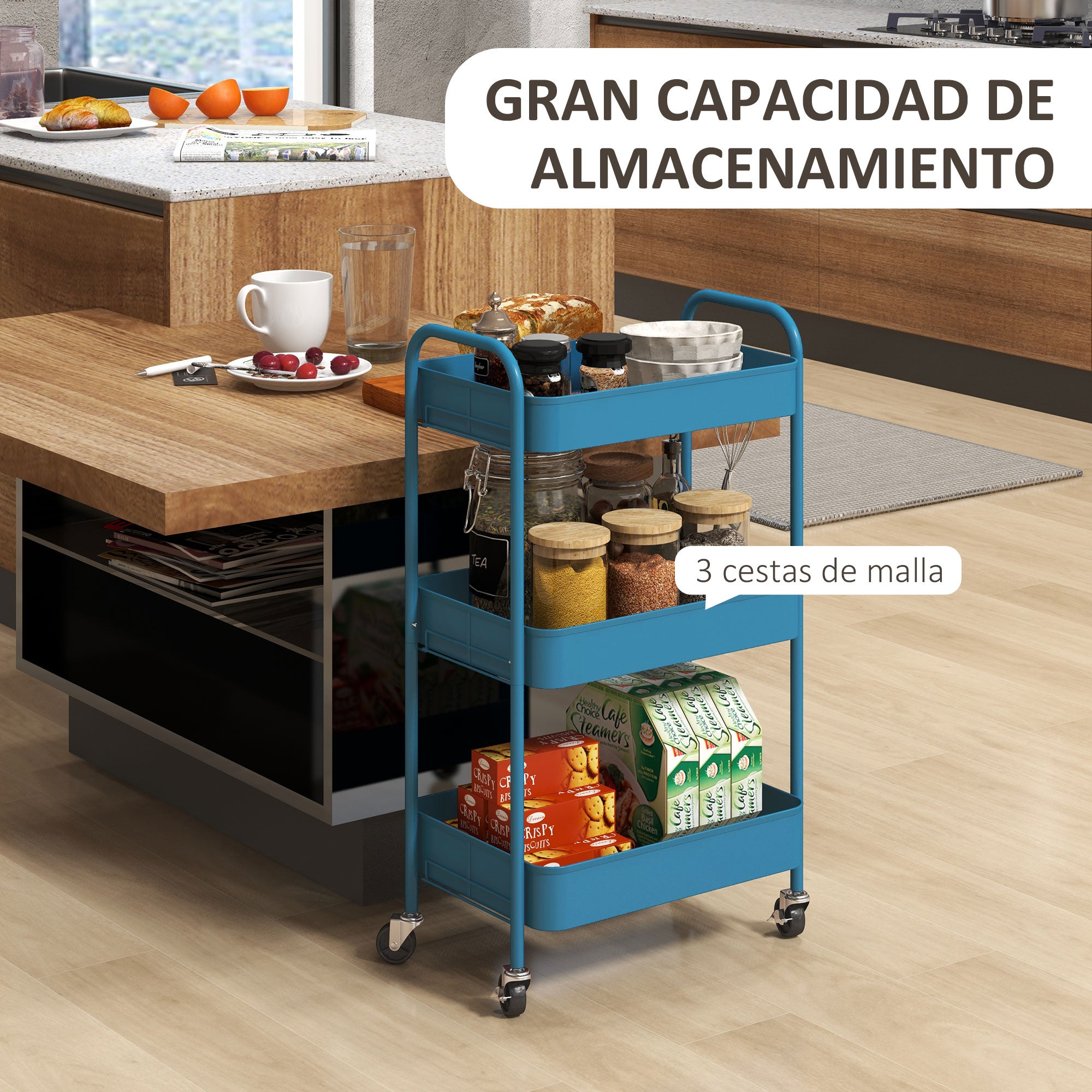 Utility Cart with Wheels 3 Baskets and Steel Frame for Living Room Bedroom Office Kitchen 45x30.6x79 cm Dark Blue