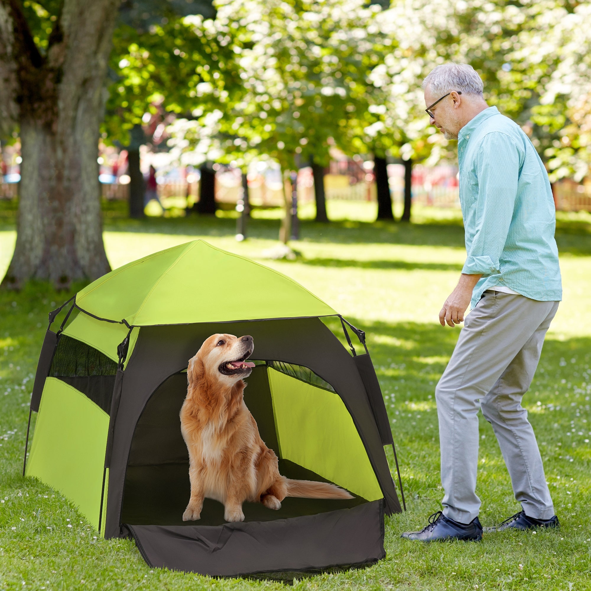 Pet Tent, Dog Tent, Outdoor Cat House, Dog House with Mesh Window, Dog Teepee Tent with Carry Bag, Sunshade for Backyard, Living Room, Green+Dark Gray