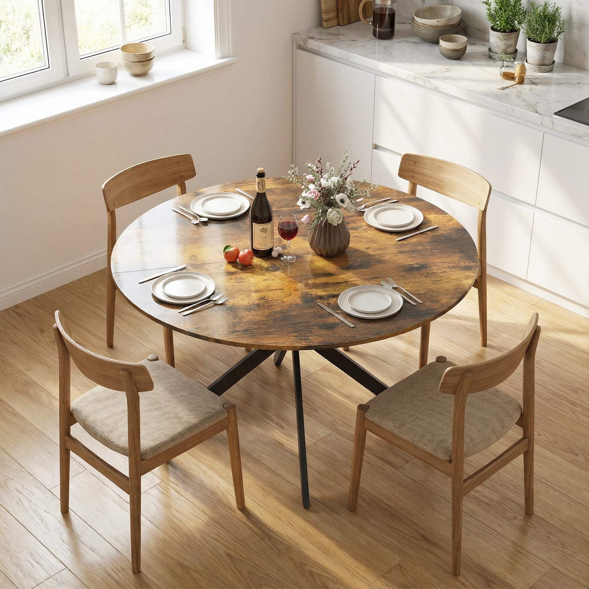 Round Dining Table for 4, Ø120 cm (47.2") Industrial Style with Steel X-Legs, Rustic Brown