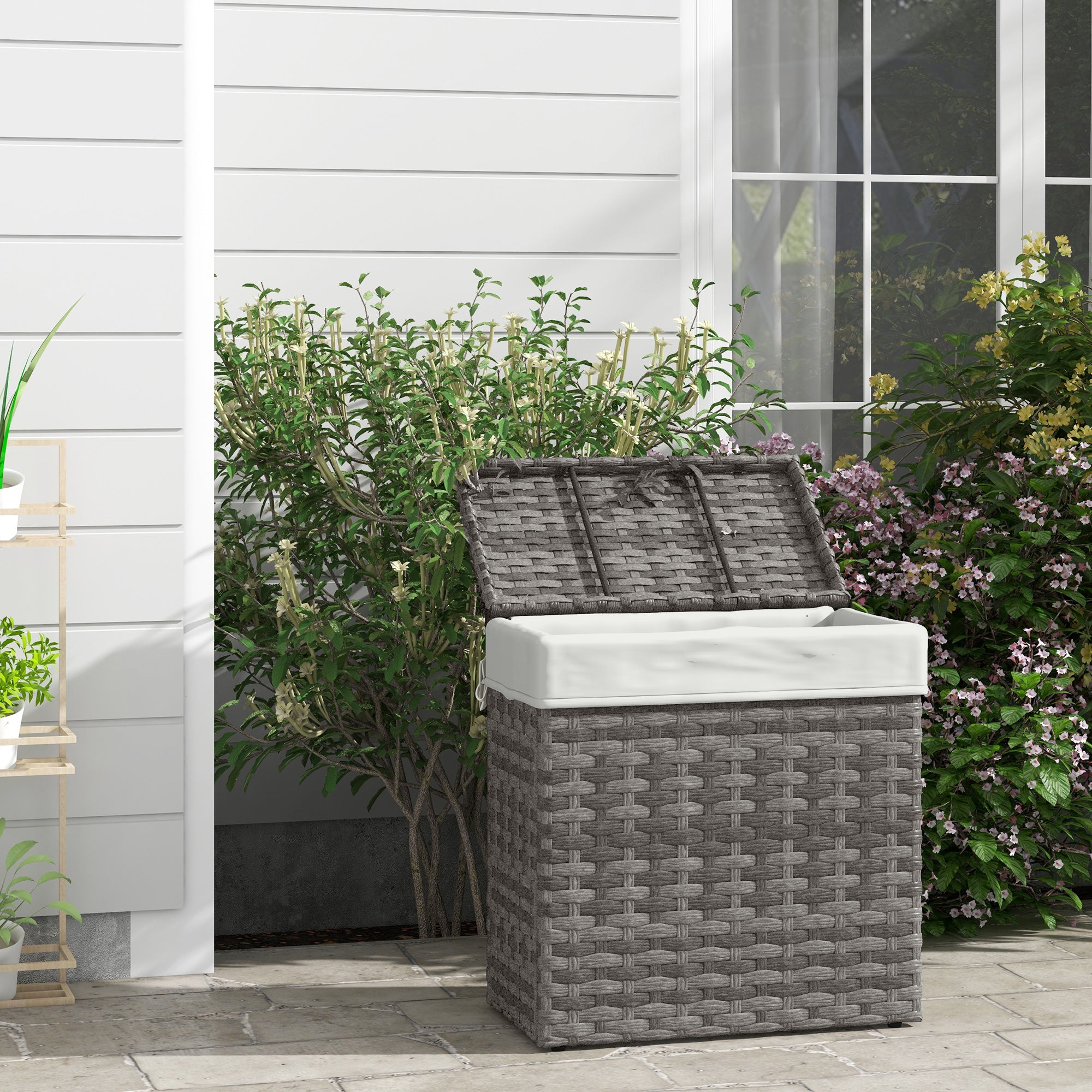 Garden Box in PE Rattan, Outdoor Storage Bench with Non-slip Feet and Waterproof Fabric Lining, 57x34x62cm, Gray and Beige