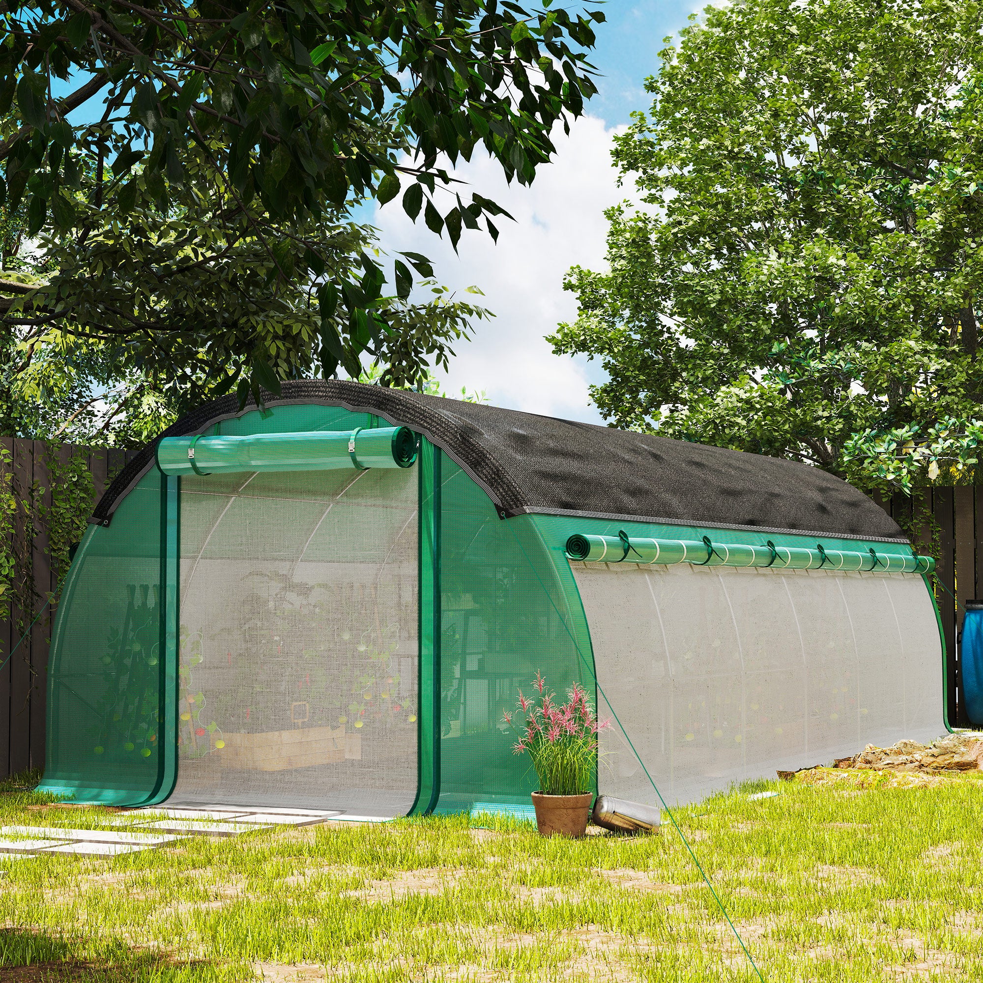 Greenhouse 6 x 3 x 2 m Foil Greenhouse with 12 Windows, Roll Doors, Roll-up Side Walls, UV-Resistant Foil Tunnel, Winterproof Tomato House with Ground Anchors, Green