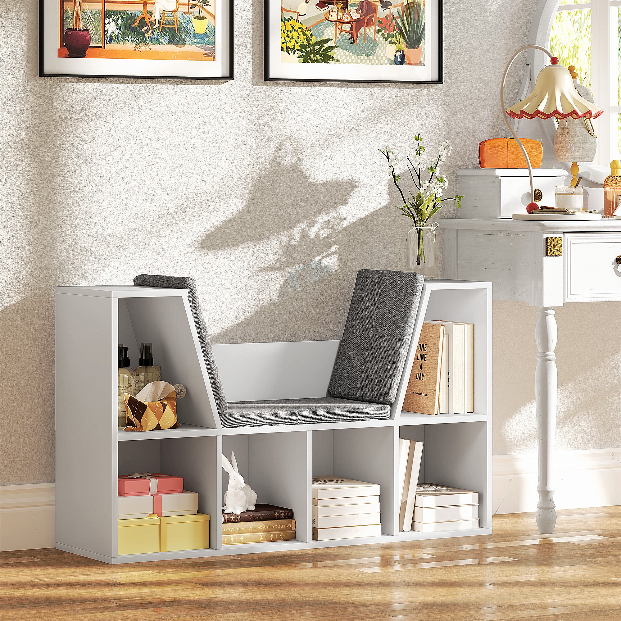 Bookshelf Storage Rack with Bench, Compartments Toy Shelf Bookcase for Bedroom, 105 x 30 x 63 cm White