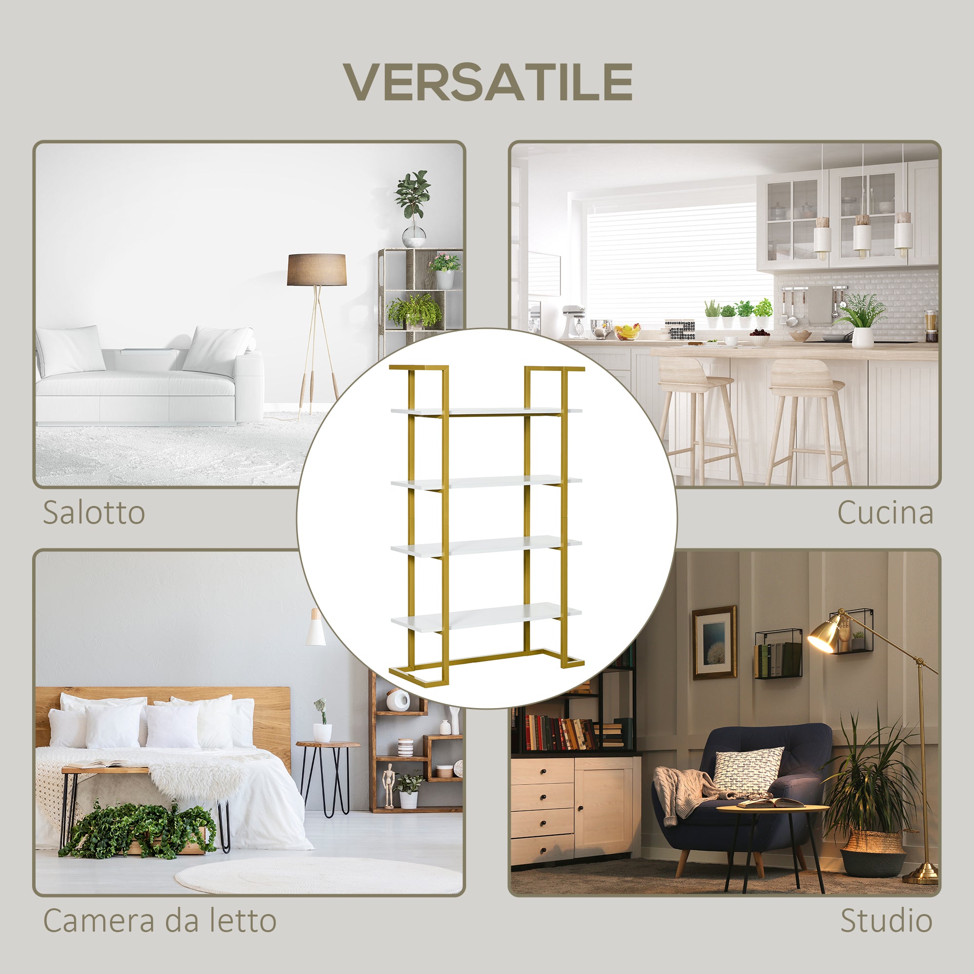 4-Level Raised and Multi-Purpose Bookshelf, in MDF and Steel, 92x35x152cm, White and Gold