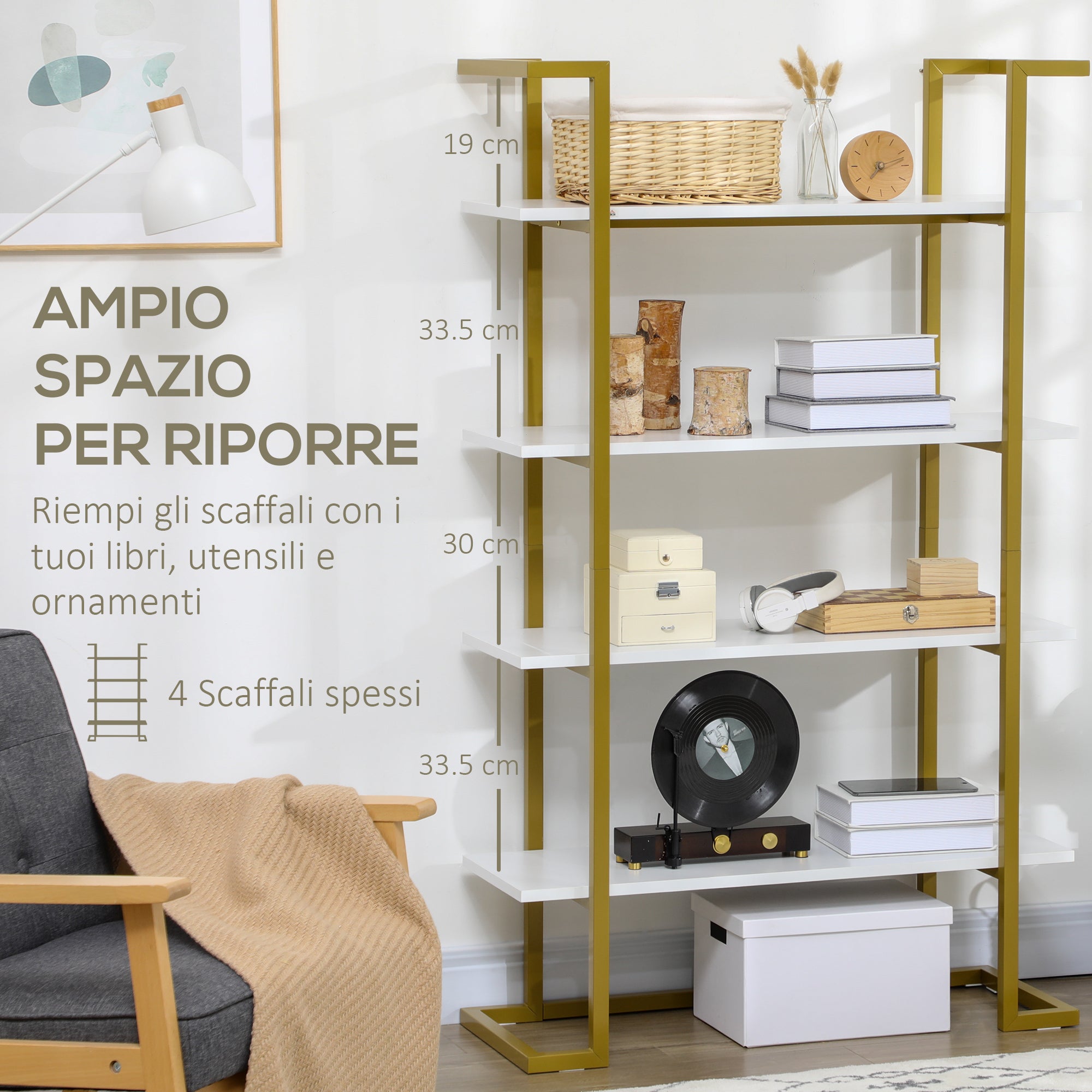 4-Level Raised and Multi-Purpose Bookshelf, in MDF and Steel, 92x35x152cm, White and Gold