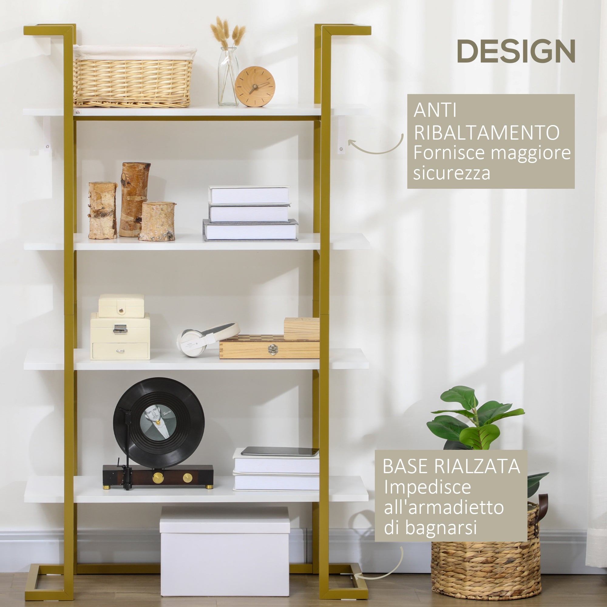 4-Level Raised and Multi-Purpose Bookshelf, in MDF and Steel, 92x35x152cm, White and Gold