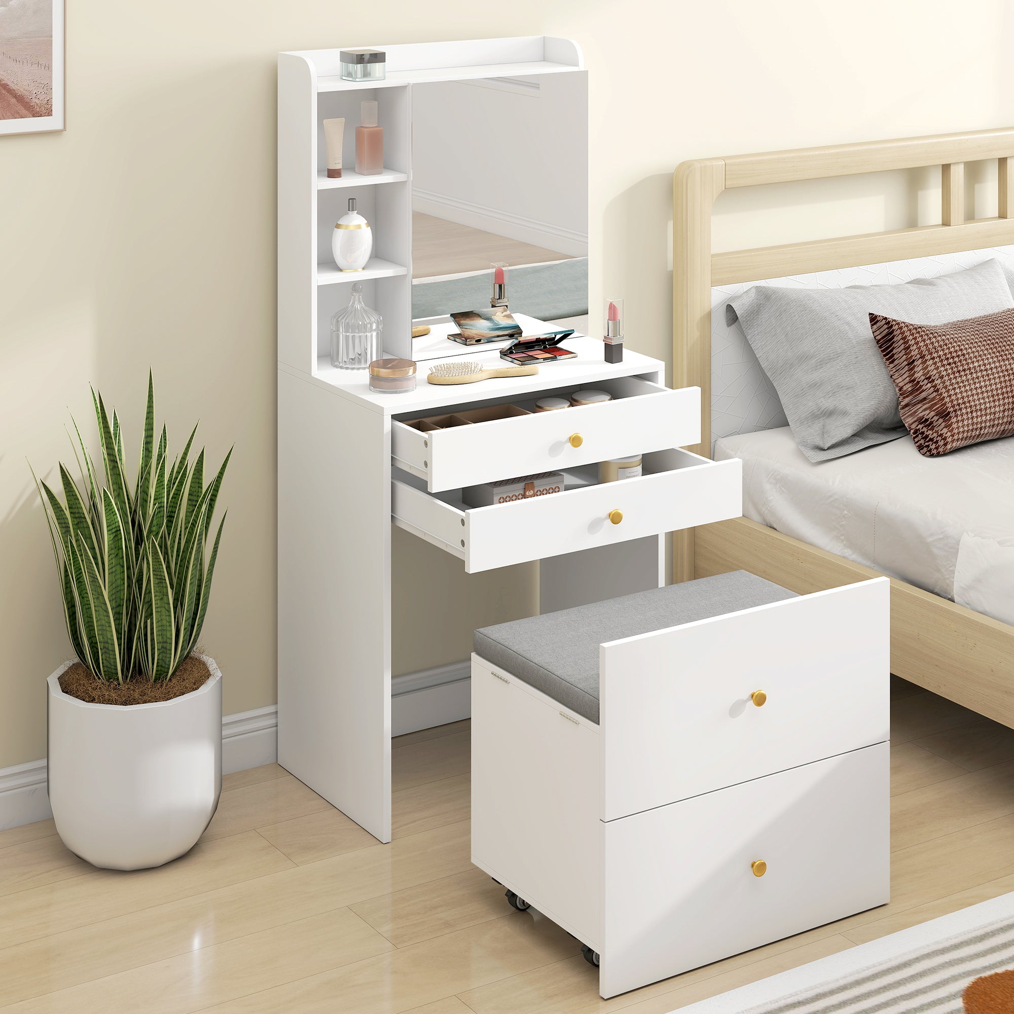 Makeup Vanity with Mirror and Rolling Storage Stool, Cabinet, Drawers, Open Shelves, Linen-Effect Padded Stool, Space-Saving, Modern, White