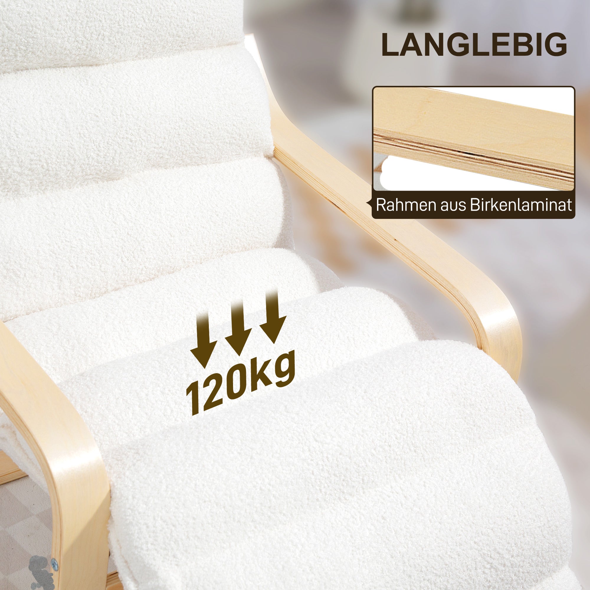 Relax Armchair, Padded Lounge Armchair with Adjustable Footrest, Sherpa Fleece for Living Room Rocking Chair with Armrest, Reading Chair White