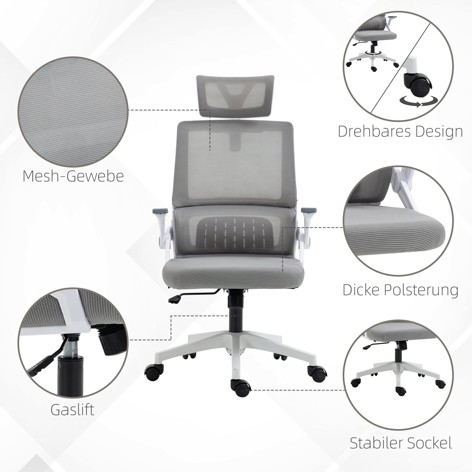 Office Chair Ergonomic, Desk Chair with Adjustable Headrest, Adjustable Armrest Computer Chair Swivel Chair with Rocking Function, Lumbar Support, Mesh, Gray