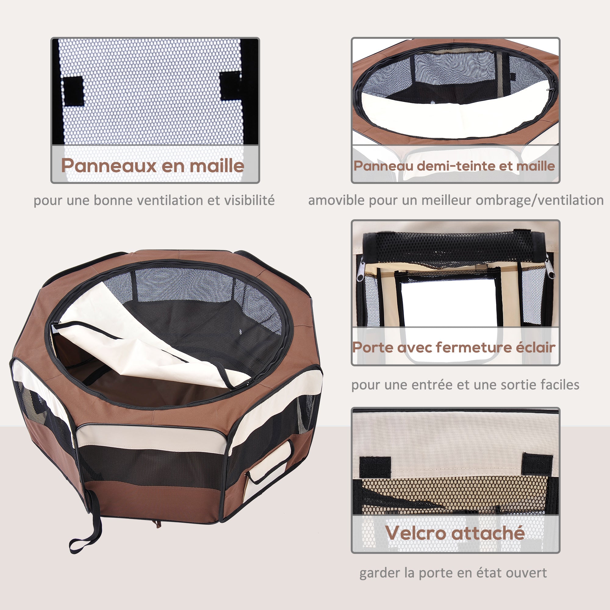Foldable octagonal playpen for cats and small animals in Oxford fabric and steel - dim. Ø 90 x 41H cm - beige brown