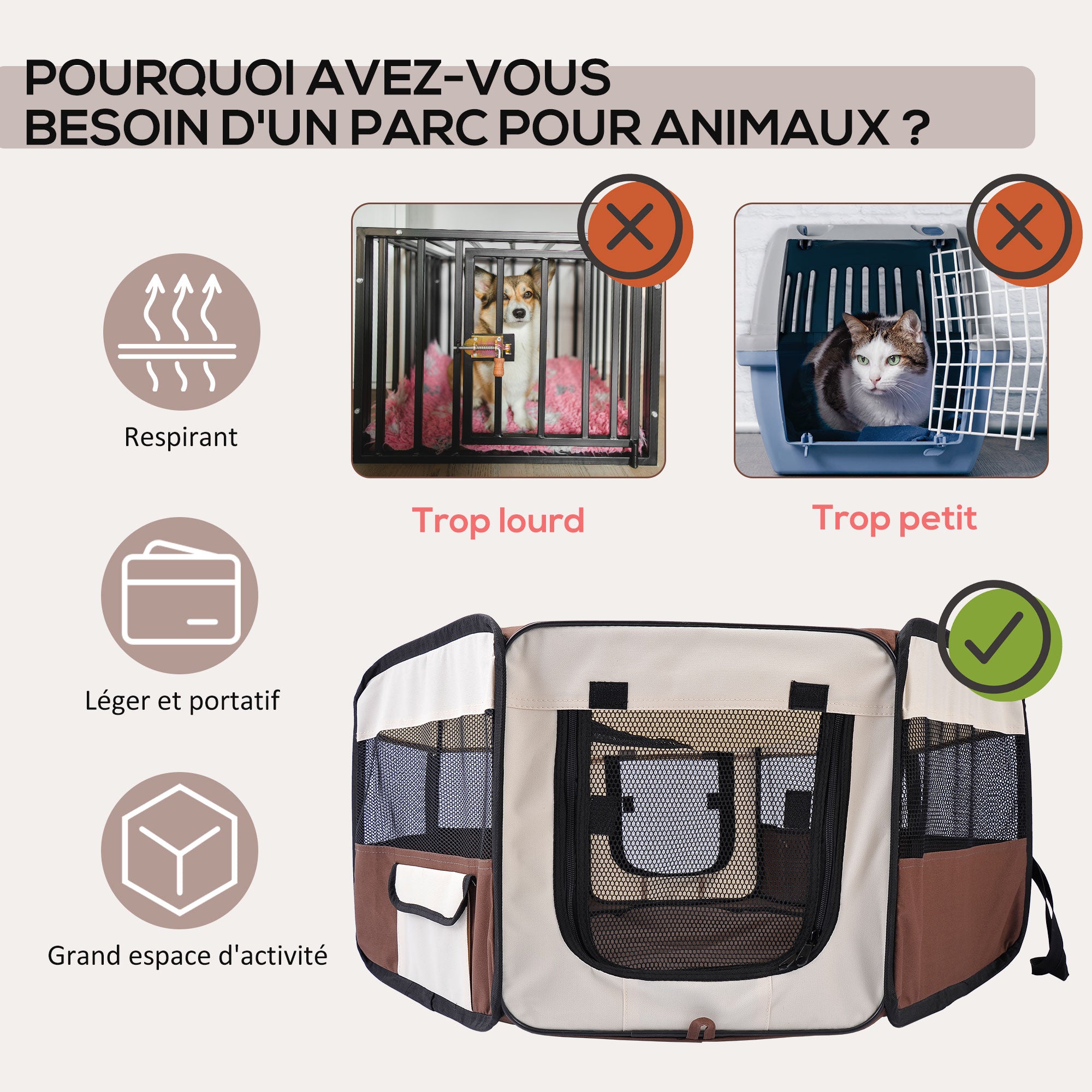 Foldable octagonal playpen for cats and small animals in Oxford fabric and steel - dim. Ø 90 x 41H cm - beige brown