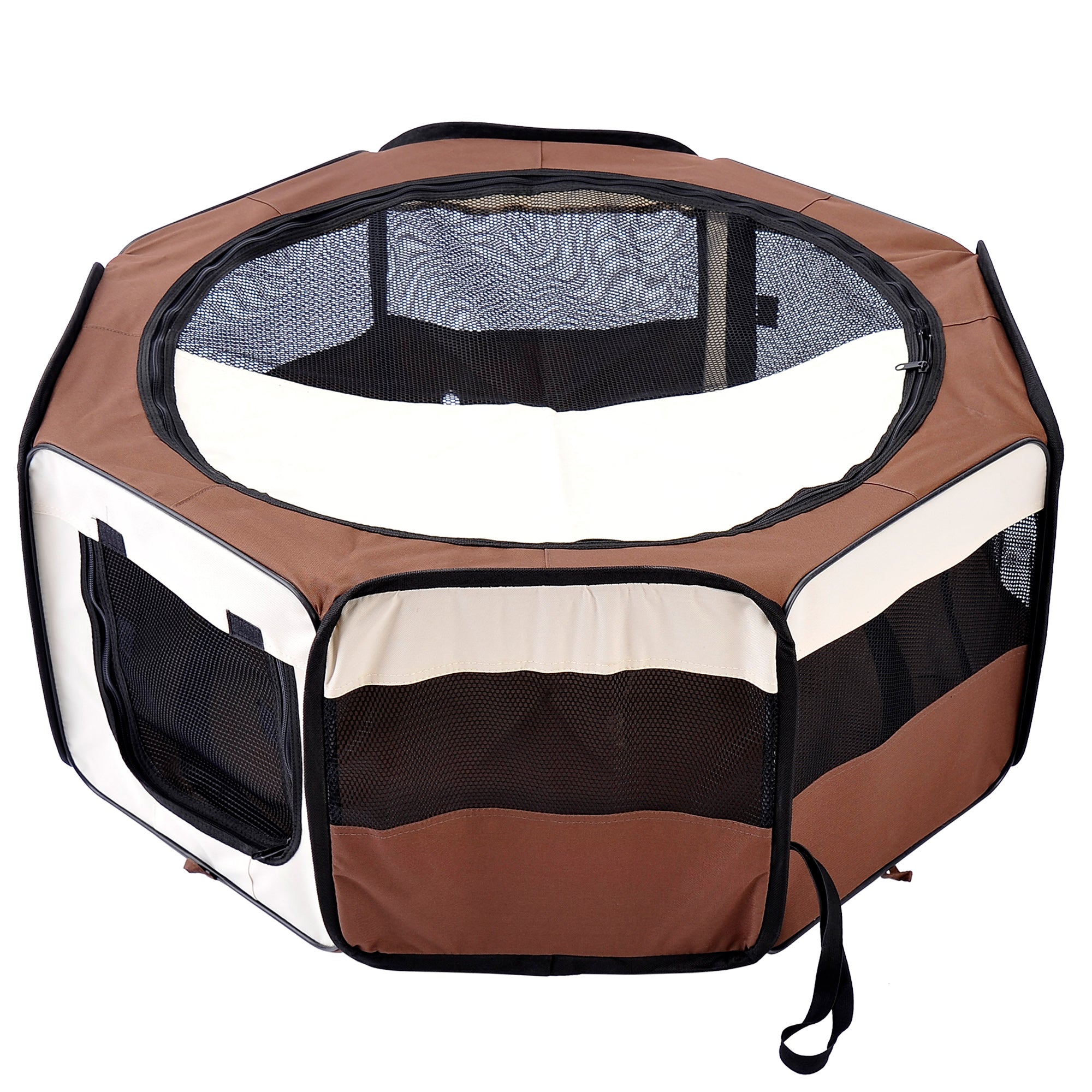 Foldable octagonal playpen for cats and small animals in Oxford fabric and steel - dim. Ø 90 x 41H cm - beige brown