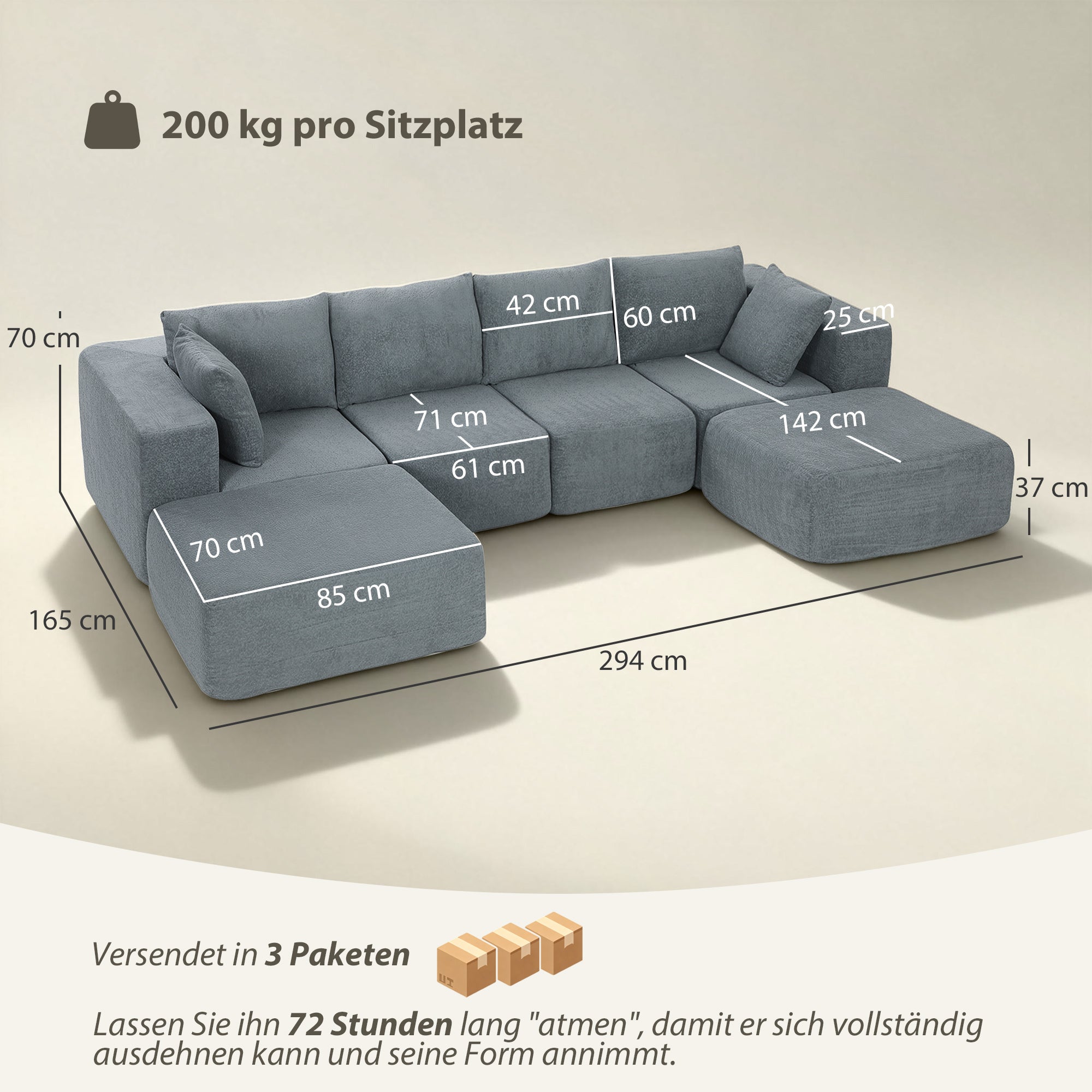 Corner Sectional Sofa with Sleeper Function, U-Shape 294 cm (115.7 in) — Deep Wide Seats, 4‑Seat Cloud Sectional with Throw Pillows, Linen-Look for Living Room, Dark Gray