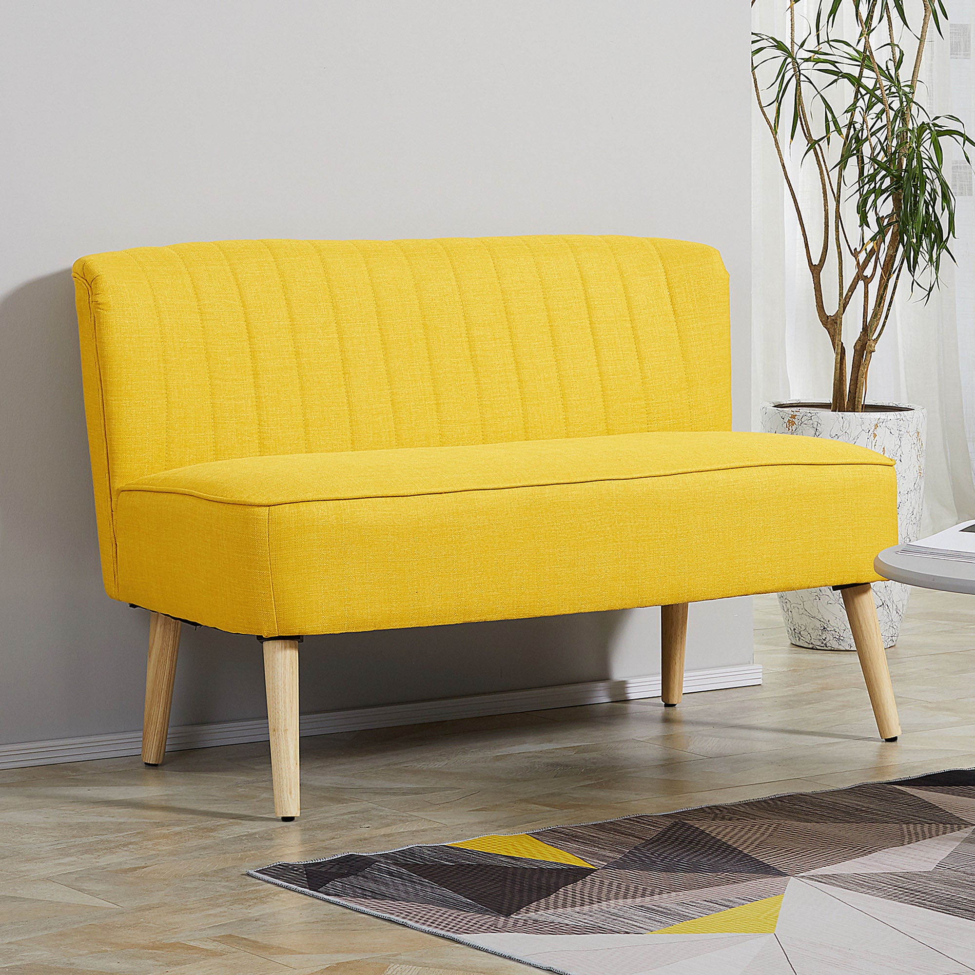 Armless 2-Seater Fabric Sofa with Decorative Stitching — Padded, Space-Saving Modern Sofa with Rubberwood Legs, 46.1 x 22.2 x 30.3 in, Yellow