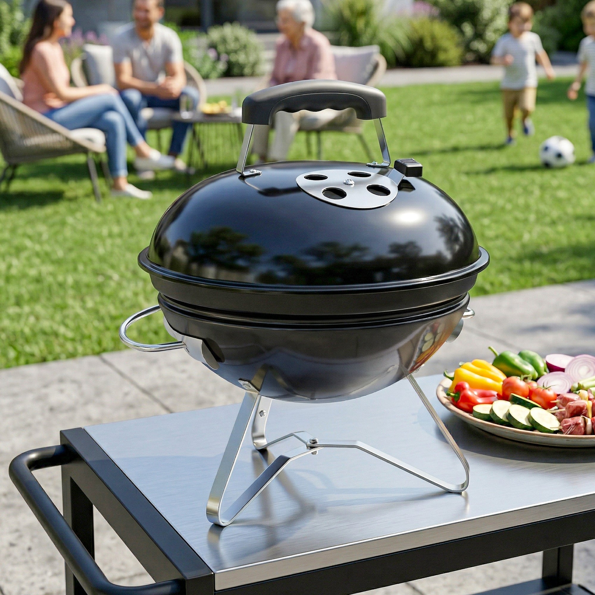 Portable Charcoal Grill, Round Charcoal Barbecue with Lid Stand, Cooking Grate, Adjustable Vents, for Balcony, Picnic, Camping, Ø41 x 44 cm, Black
