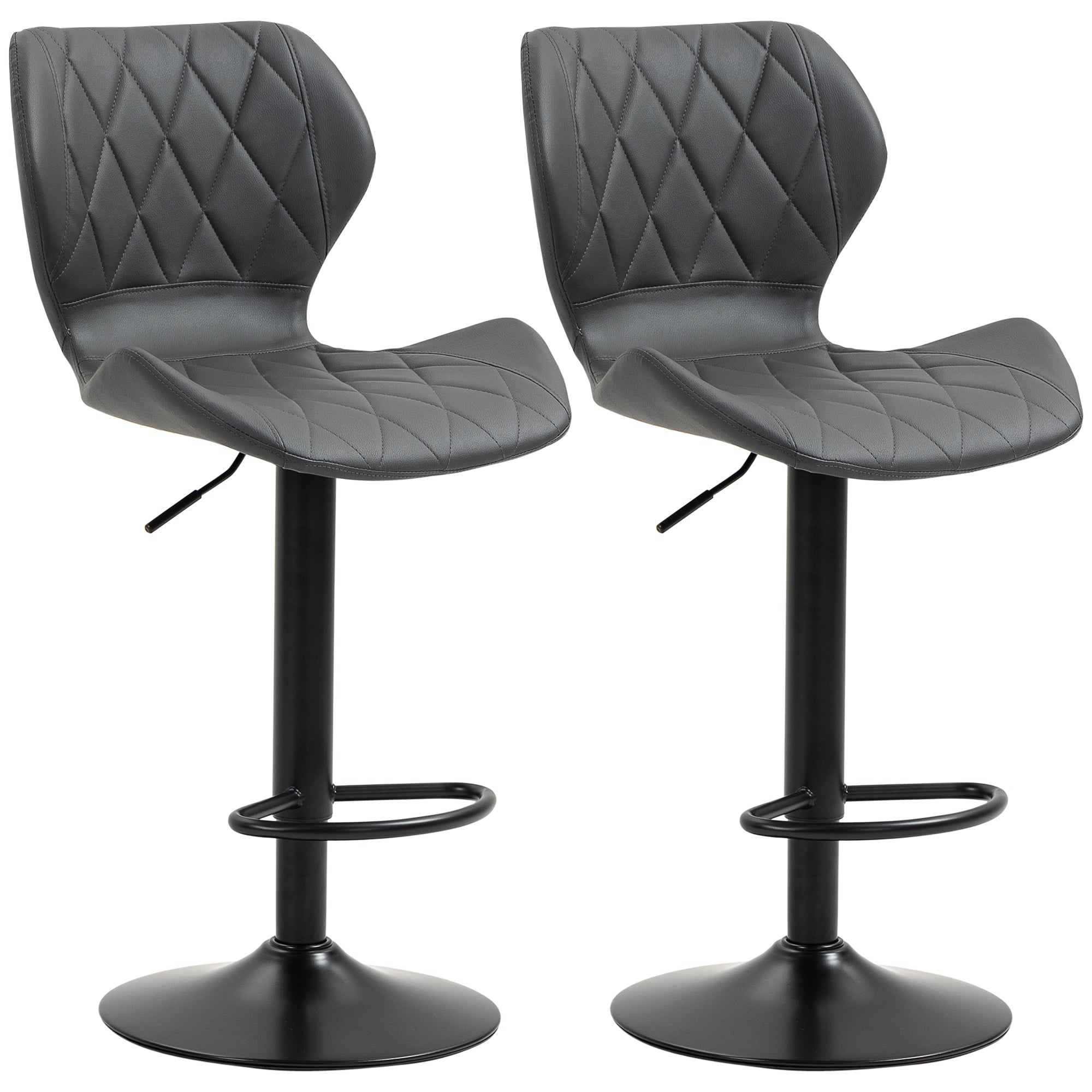 Set of 2 High Bar Stools in Faux Leather with Adjustable Height, Swivel Kitchen Stools with Backrest and Footrest, 44x50.5x94-114cm Gray
