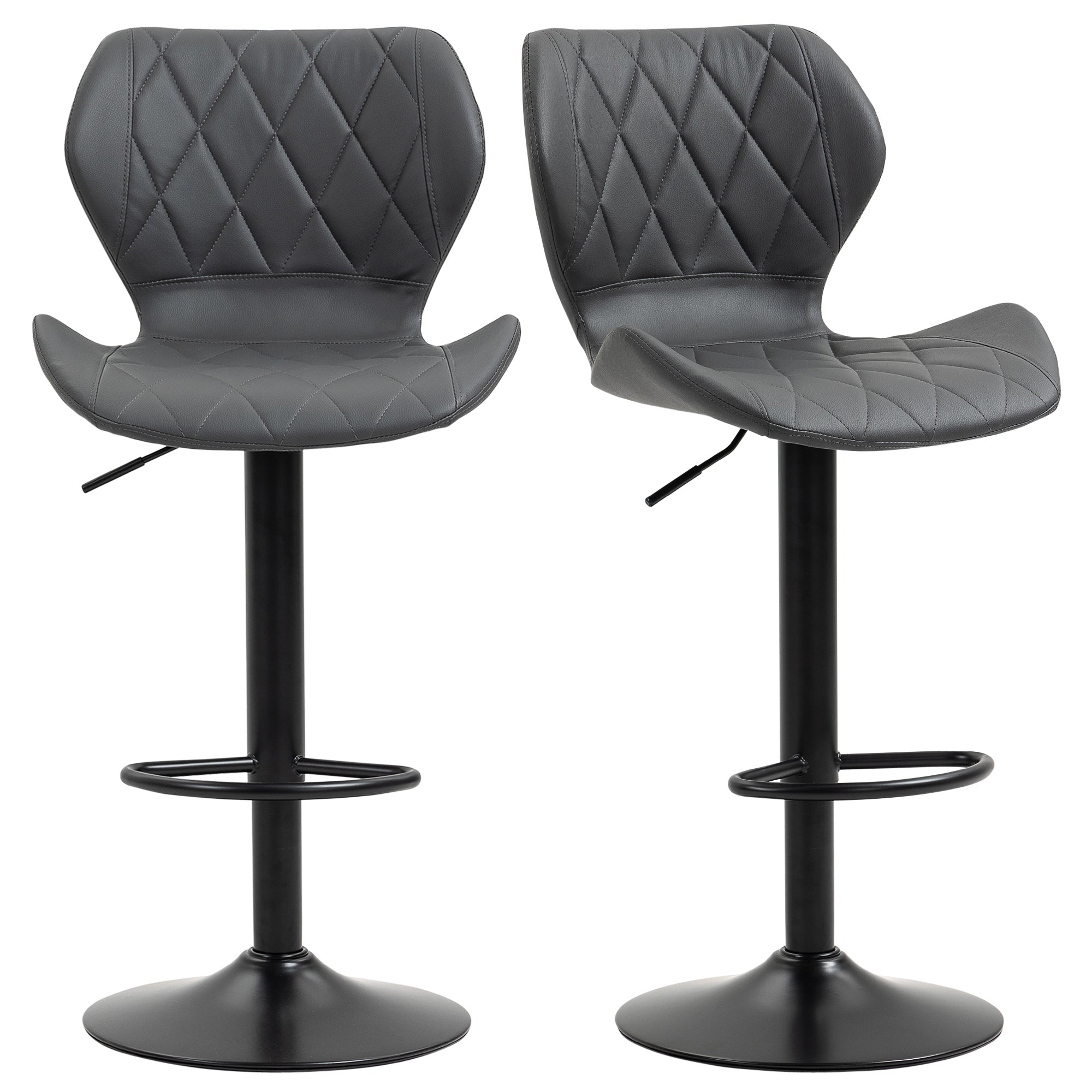 Set of 2 High Bar Stools in Faux Leather with Adjustable Height, Swivel Kitchen Stools with Backrest and Footrest, 44x50.5x94-114cm Gray
