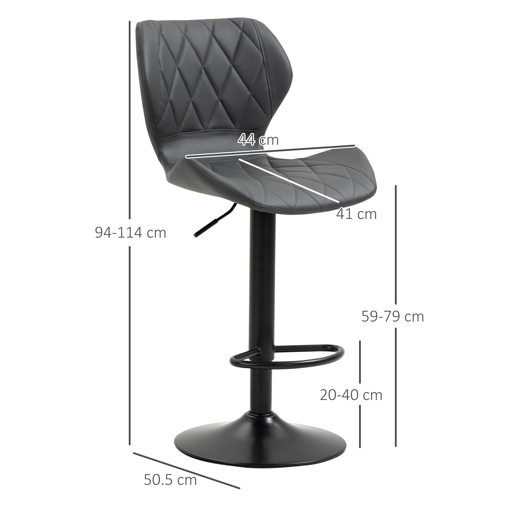 Set of 2 High Bar Stools in Faux Leather with Adjustable Height, Swivel Kitchen Stools with Backrest and Footrest, 44x50.5x94-114cm Gray