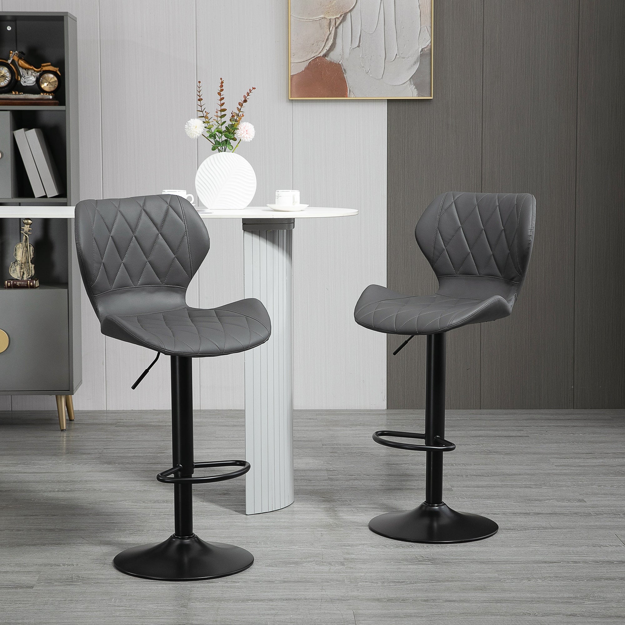 Set of 2 High Bar Stools in Faux Leather with Adjustable Height, Swivel Kitchen Stools with Backrest and Footrest, 44x50.5x94-114cm Gray