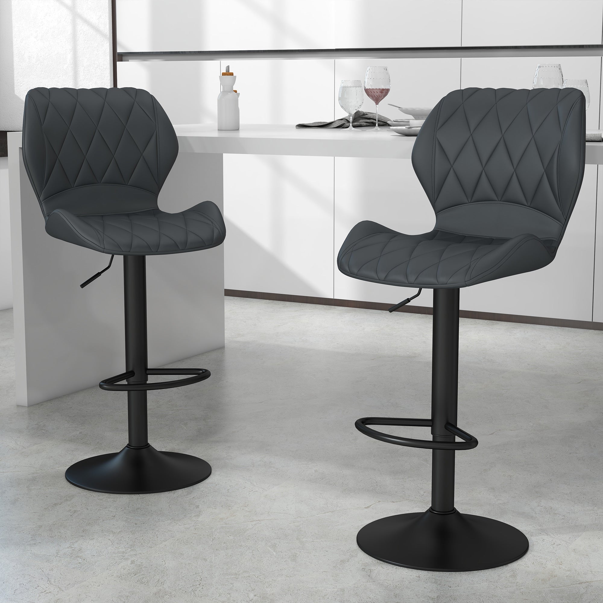 Set of 2 High Bar Stools in Faux Leather with Adjustable Height, Swivel Kitchen Stools with Backrest and Footrest, 44x50.5x94-114cm Gray
