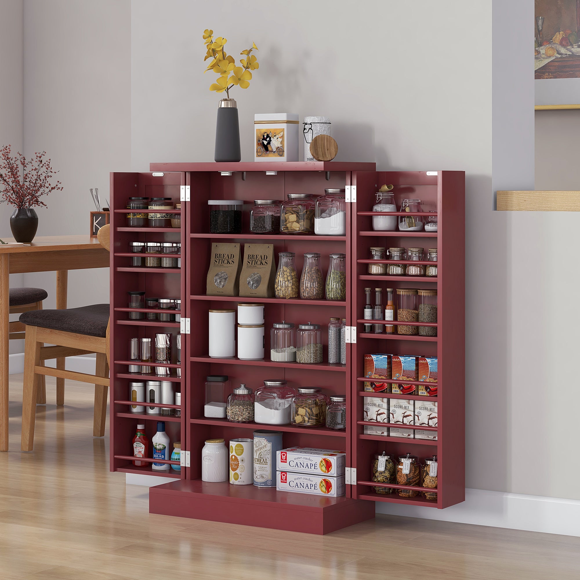 Kitchen Buffet Storage Cabinet Kitchen 12 Adjustable Shelf Door Shelves 60 x 30 x 104 cm for Living Room, Dining Room in Red Wood