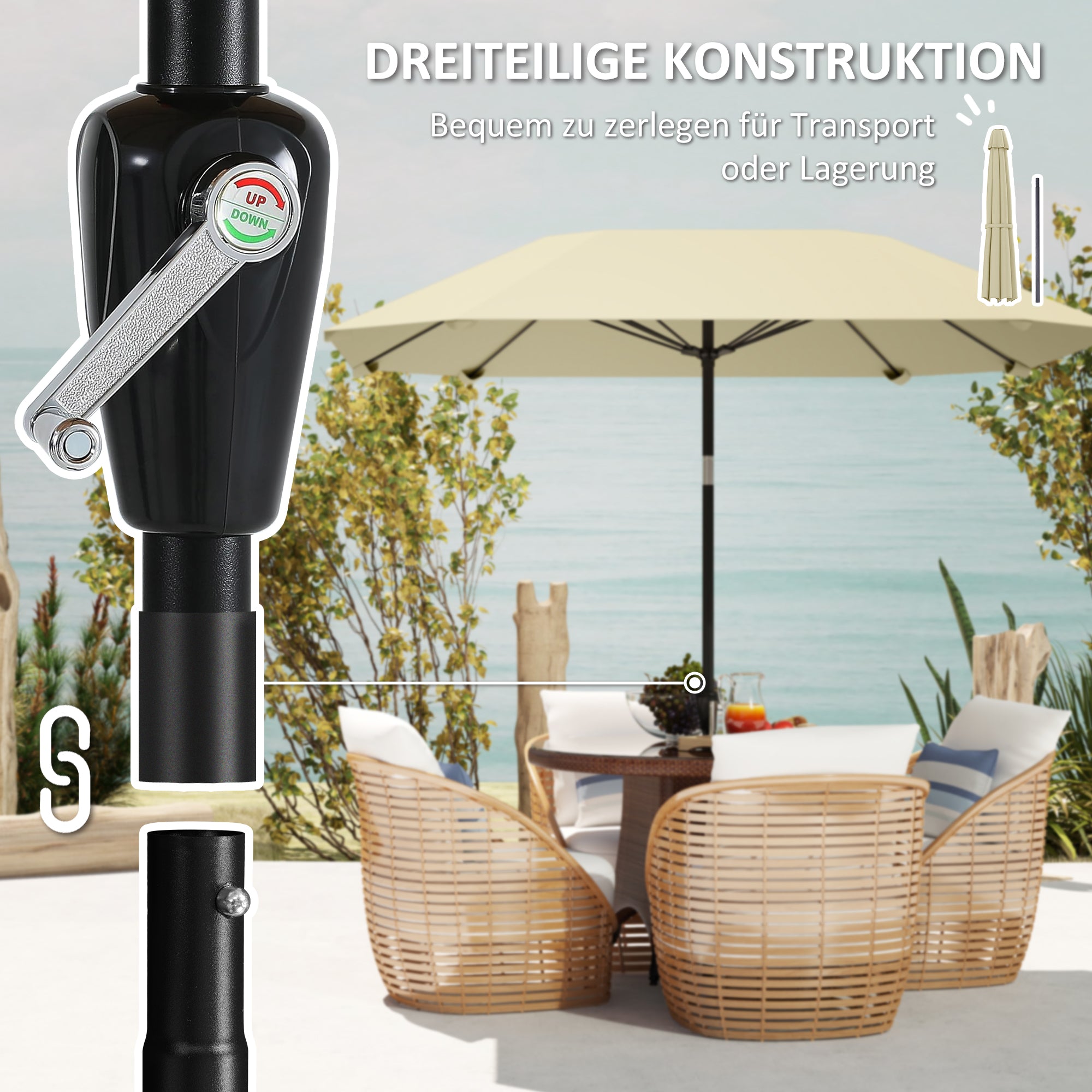 Sun Umbrella Ø233 cm, Umbrella with Tilt Function, Octagonal Balcony Umbrella Beach Umbrella Windproof Stable Market Umbrella Crank Umbrella Sun Protection for Beach Balcony Terrace Garden, Beige