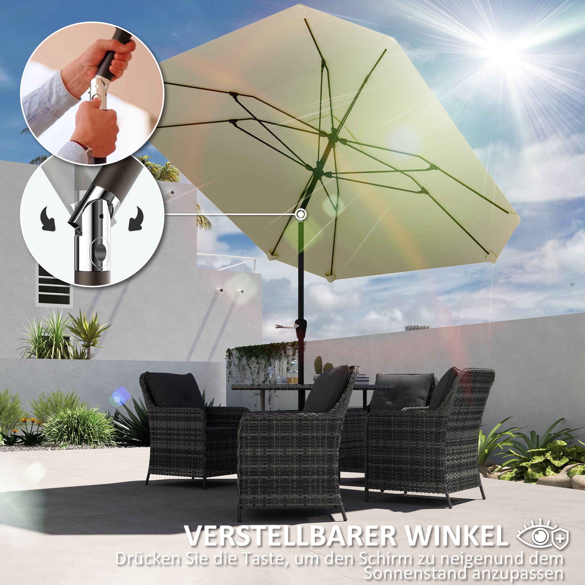 Sun Umbrella Ø233 cm, Umbrella with Tilt Function, Octagonal Balcony Umbrella Beach Umbrella Windproof Stable Market Umbrella Crank Umbrella Sun Protection for Beach Balcony Terrace Garden, Beige