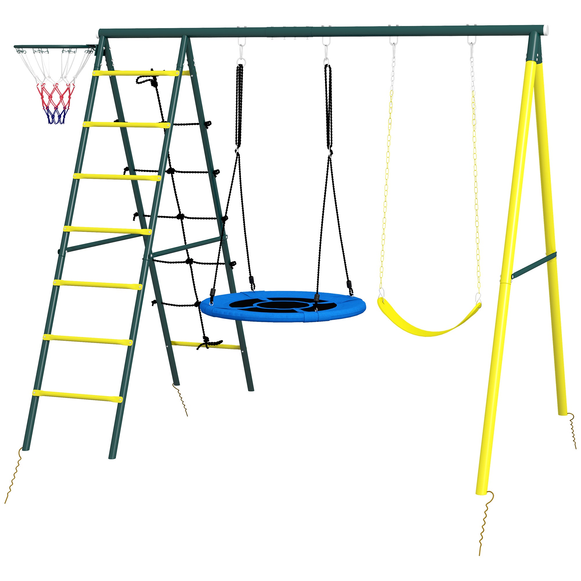 Kids Swing Set, 4 in 1 Swing Frame Swing Stand with 2 Swings, Basketball Hoop, Climbing Ladder, Garden Swing for 3-8 Year Old Children, Steel, Yellow