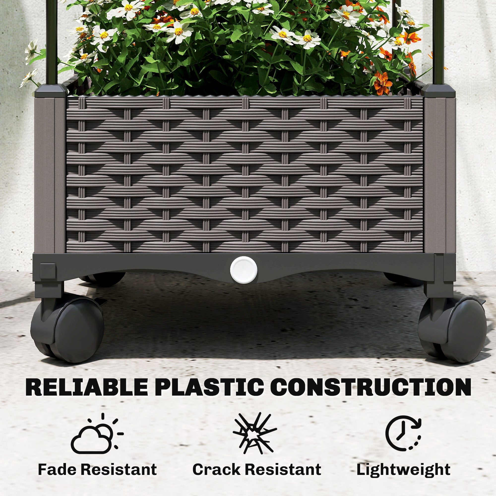 Raised Planter with Trellis, Mobile Planter on Wheels with Drain Hole, Plastic Trough for Climbing Plants, 15.7 x 15.7 x 72.8 in