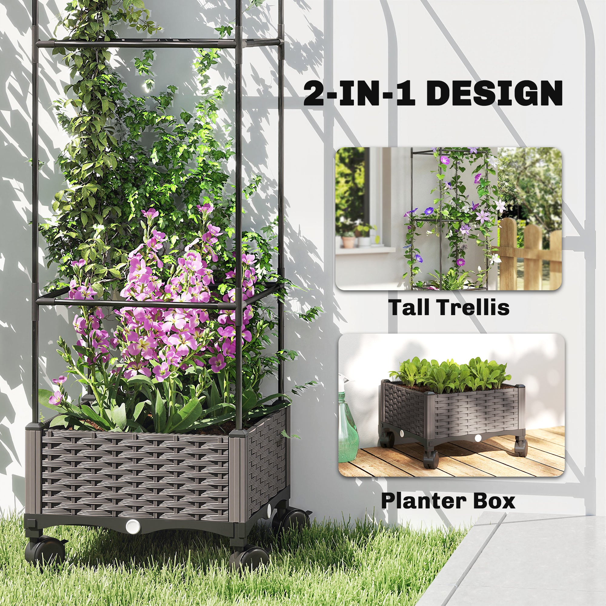 Raised Planter with Trellis, Mobile Planter on Wheels with Drain Hole, Plastic Trough for Climbing Plants, 15.7 x 15.7 x 72.8 in