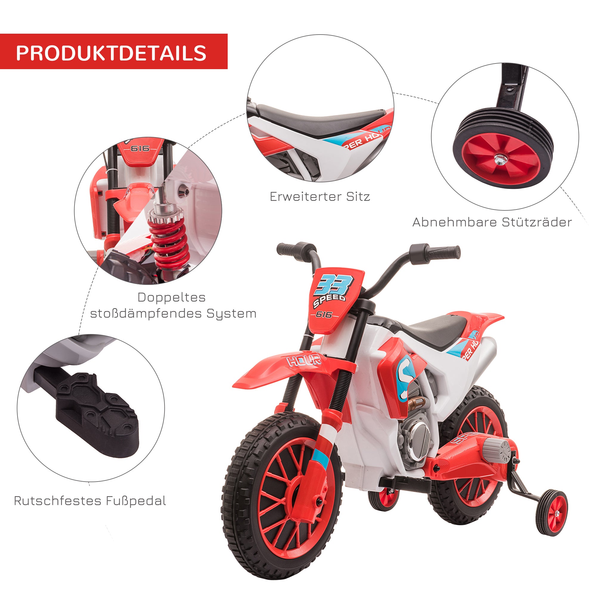 Kids Electric Motorcycle Child Motorcycle 12V Kids Vehicle Electric Vehicle with 2 Removable Training Wheels for Kids 3 Years and Up PP Metal Red+White 106.5 x 51.5 x 68 cm