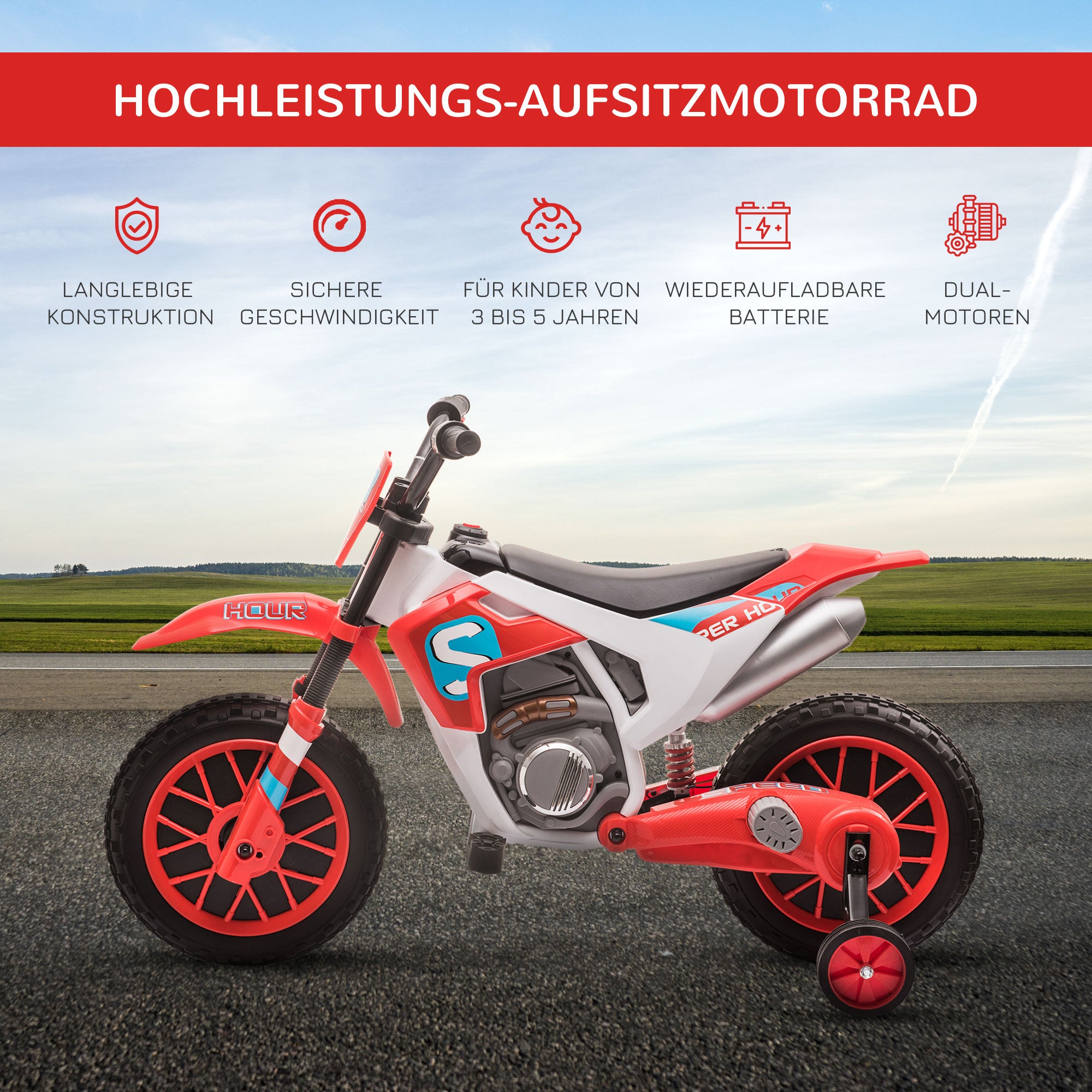Kids Electric Motorcycle Child Motorcycle 12V Kids Vehicle Electric Vehicle with 2 Removable Training Wheels for Kids 3 Years and Up PP Metal Red+White 106.5 x 51.5 x 68 cm