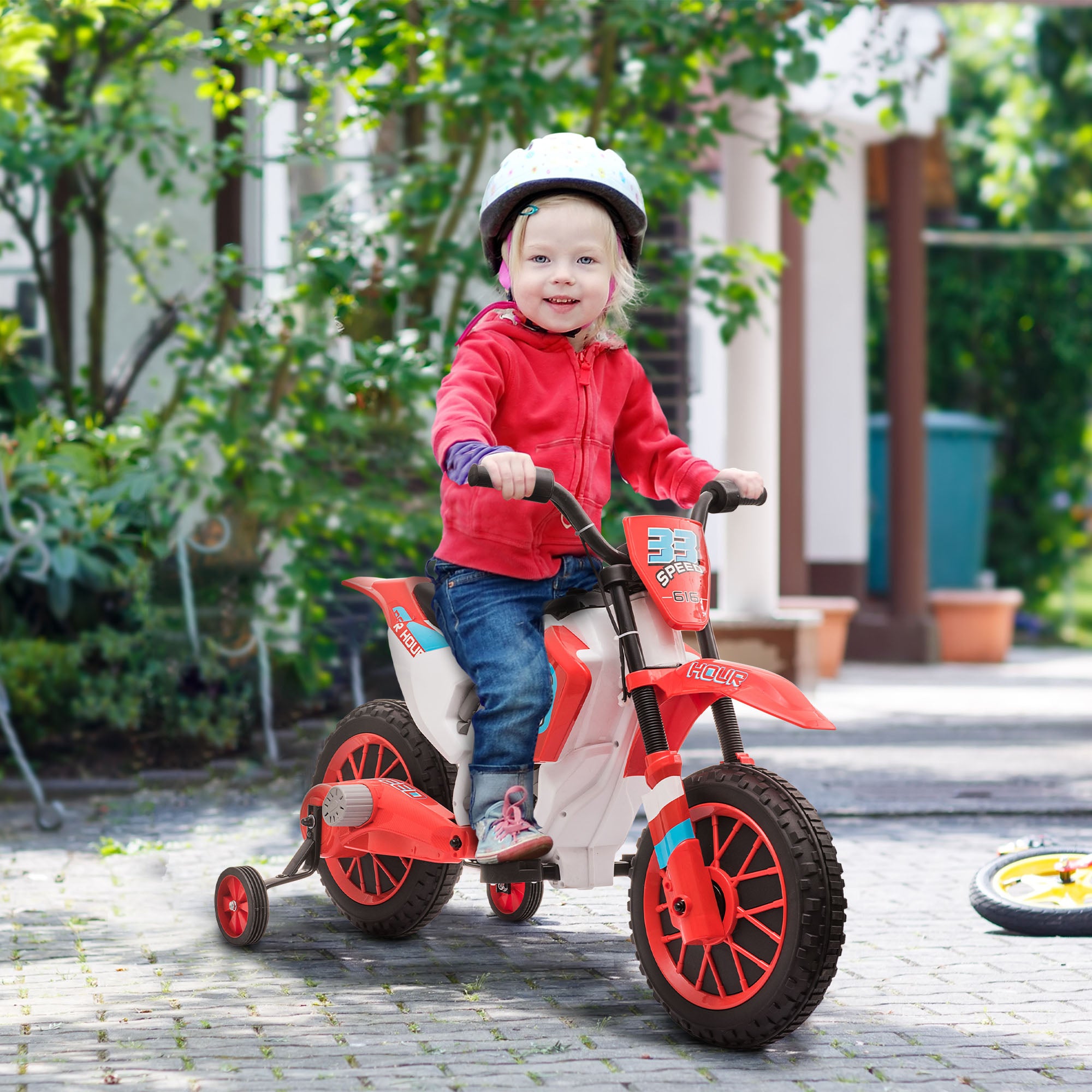 Kids Electric Motorcycle Child Motorcycle 12V Kids Vehicle Electric Vehicle with 2 Removable Training Wheels for Kids 3 Years and Up PP Metal Red+White 106.5 x 51.5 x 68 cm