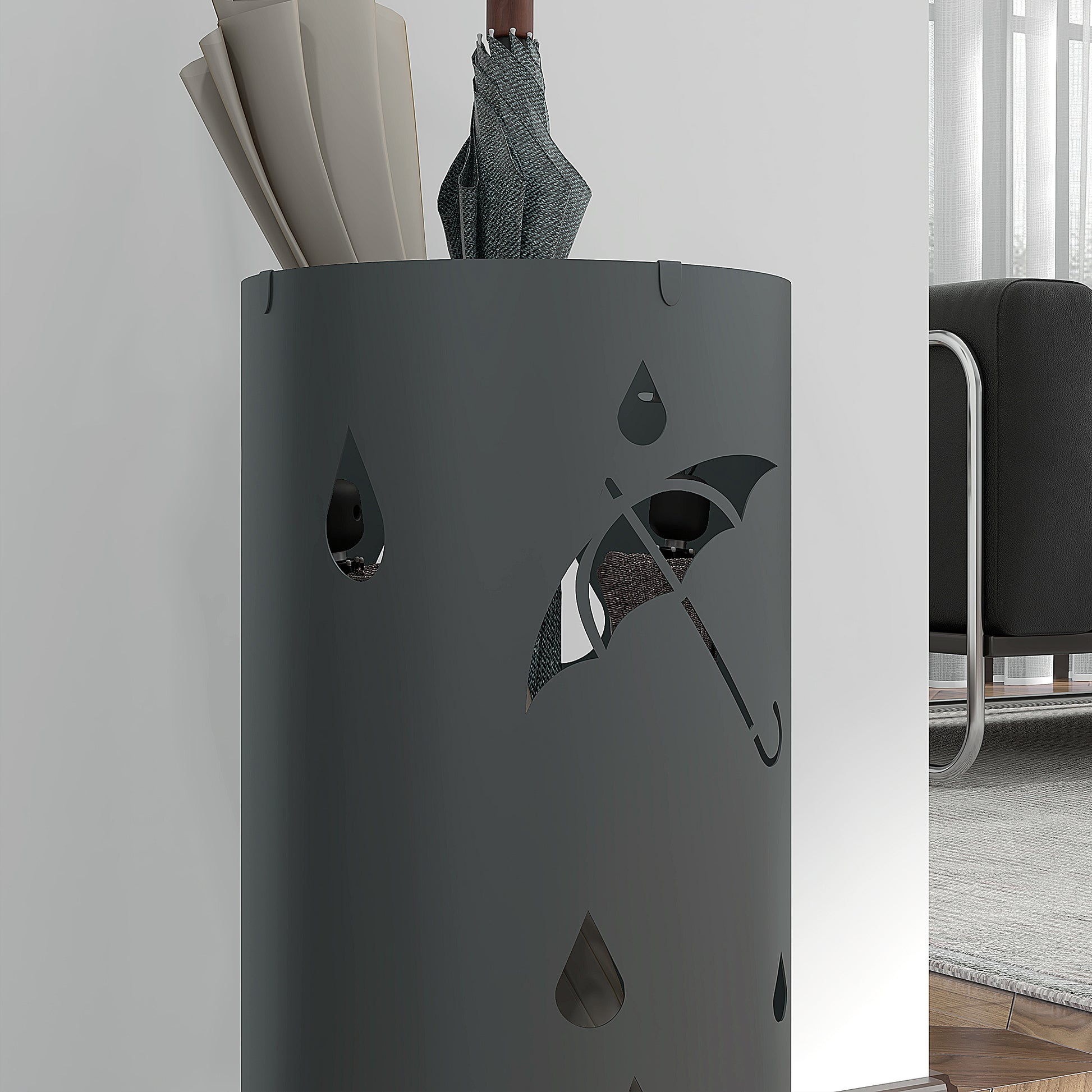Umbrella Stand Umbrella Holder with 4 Hooks and Removable Drip Tray Umbrella Holder for Walking Sticks & Umbrellas Steel Ø17 x 41 cm Dark Gray