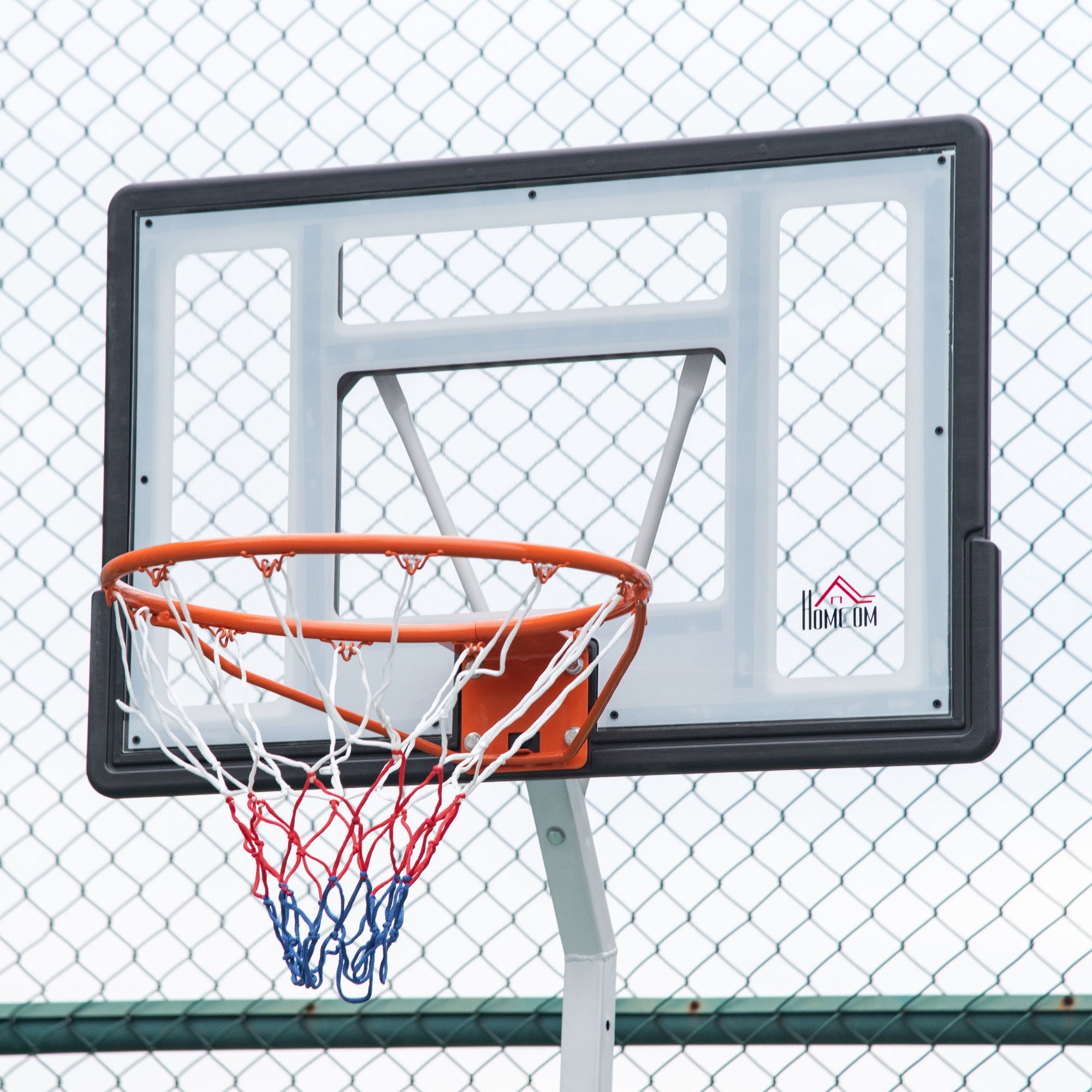 Adult Basketball Hoop with Adjustable PVC Backboard 90x60x260-310cm and Integrated Wheels White
