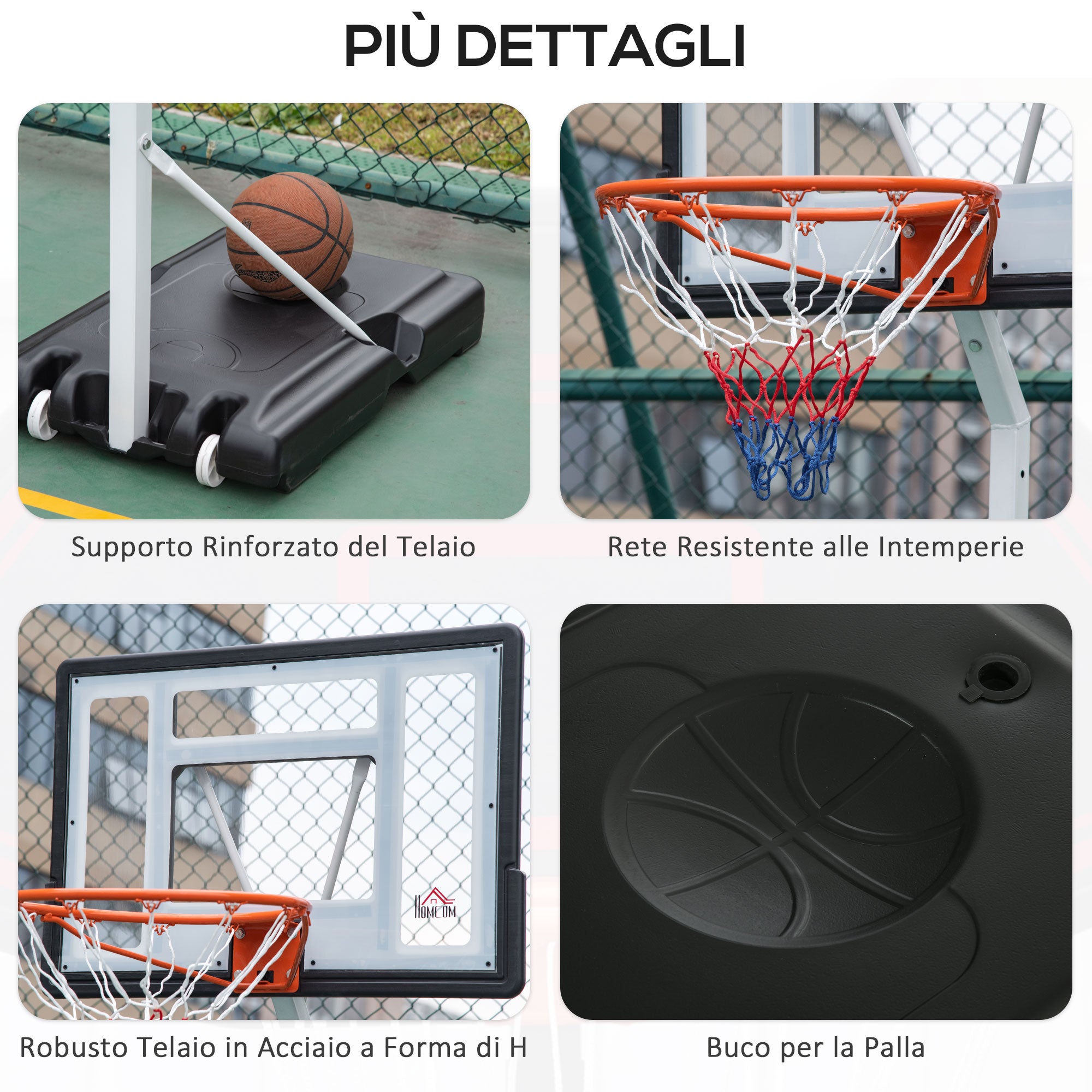 Adult Basketball Hoop with Adjustable PVC Backboard 90x60x260-310cm and Integrated Wheels White