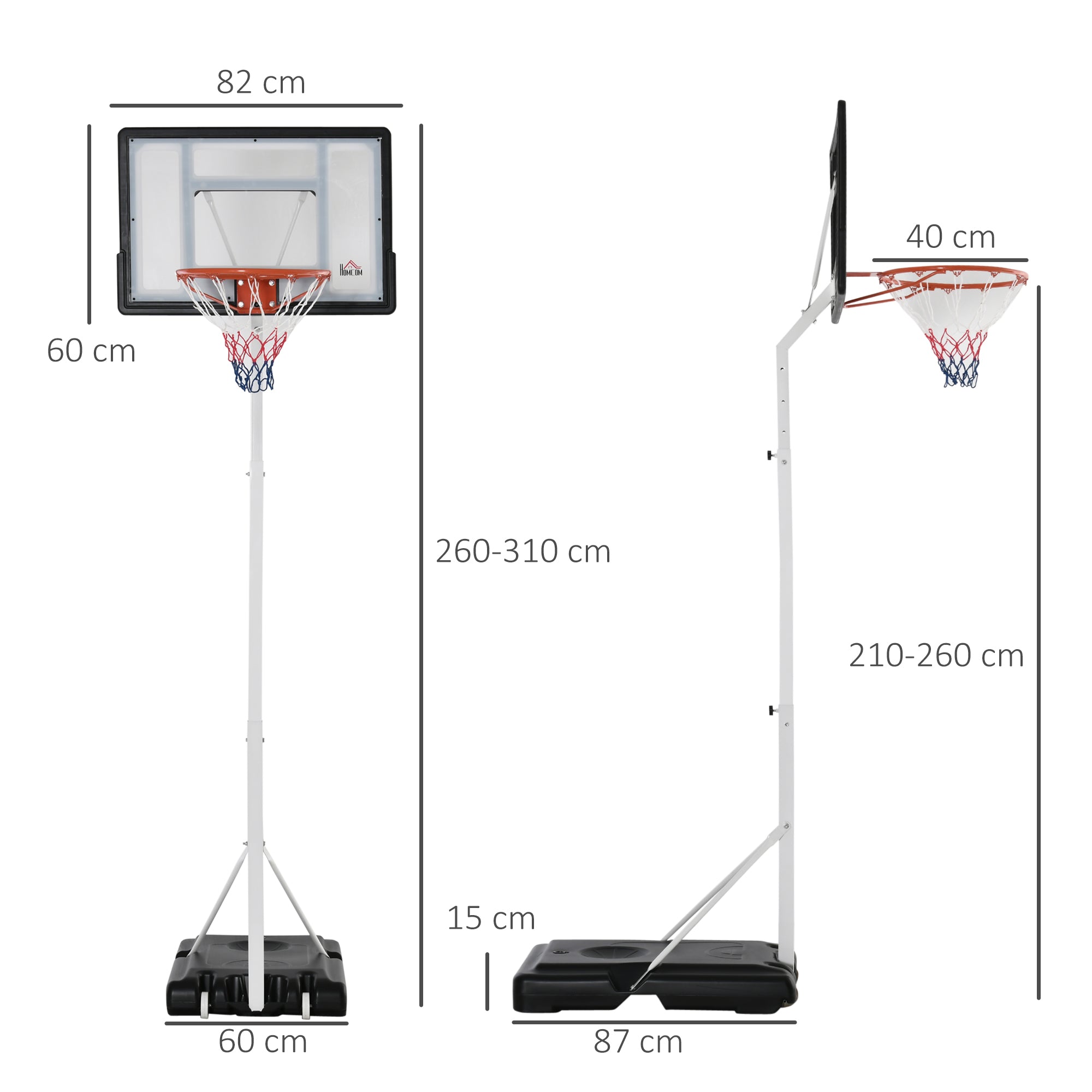 Adult Basketball Hoop with Adjustable PVC Backboard 90x60x260-310cm and Integrated Wheels White