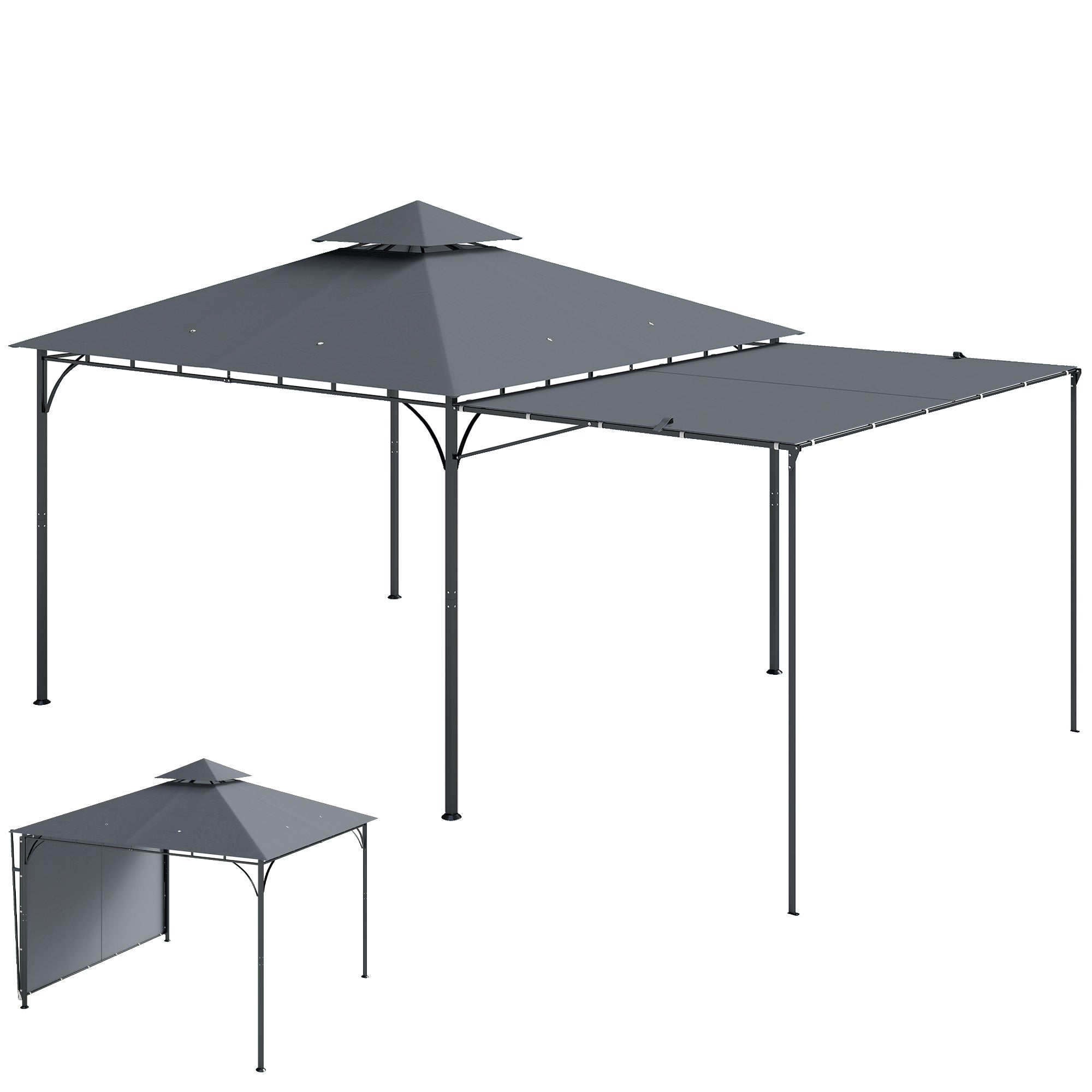 3.2 x 3.2 m (10.5 x 10.5 ft) Metal Garden Gazebo — Retractable Canopy, Double Roof, UPF 30+, Dark Gray