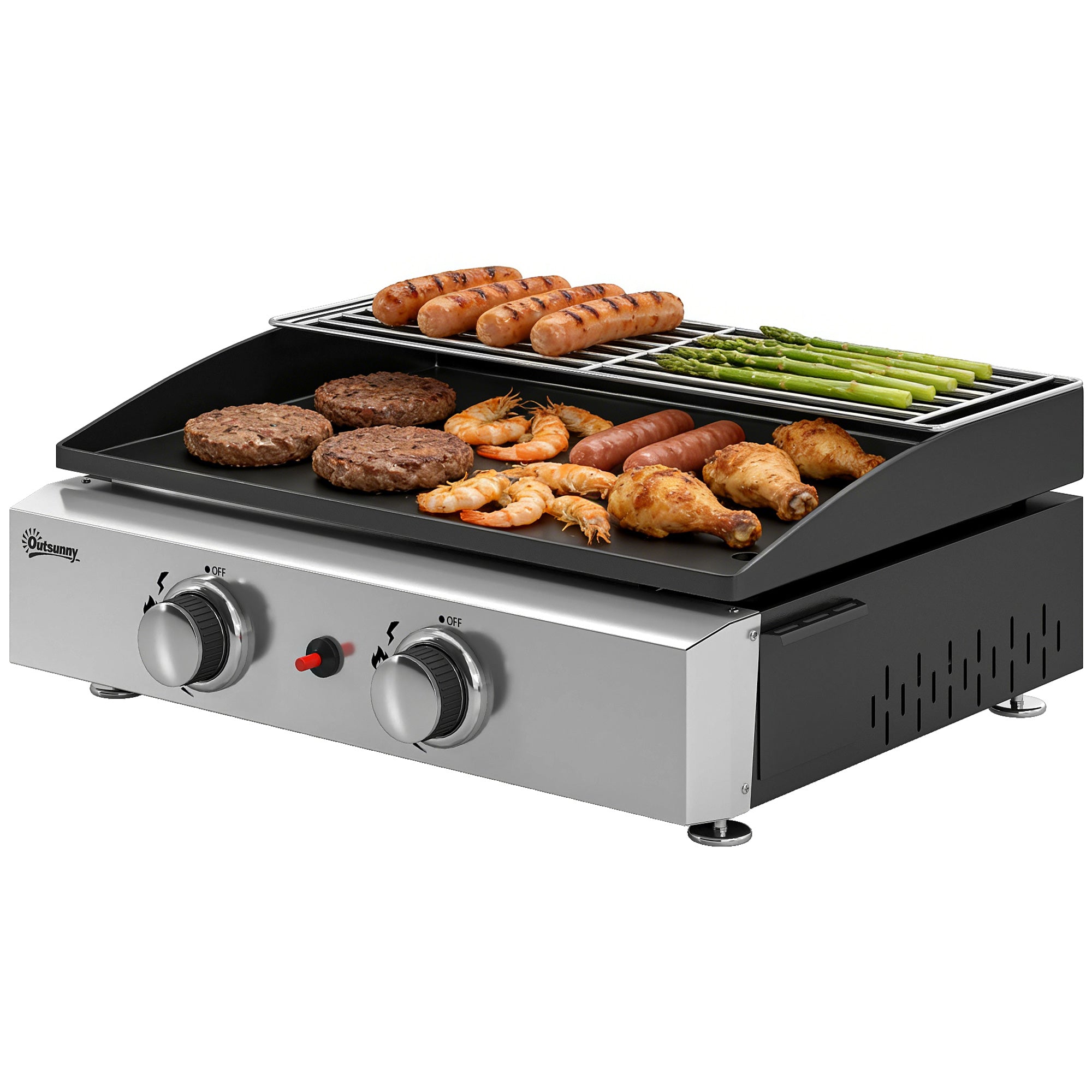 Portable Tabletop Gas Grill, 5 kW, 2 Burners, Ceramic-Coated Griddle, Warming Rack, Removable Grease Tray, Stainless Steel — Picnic & Balcony Grill