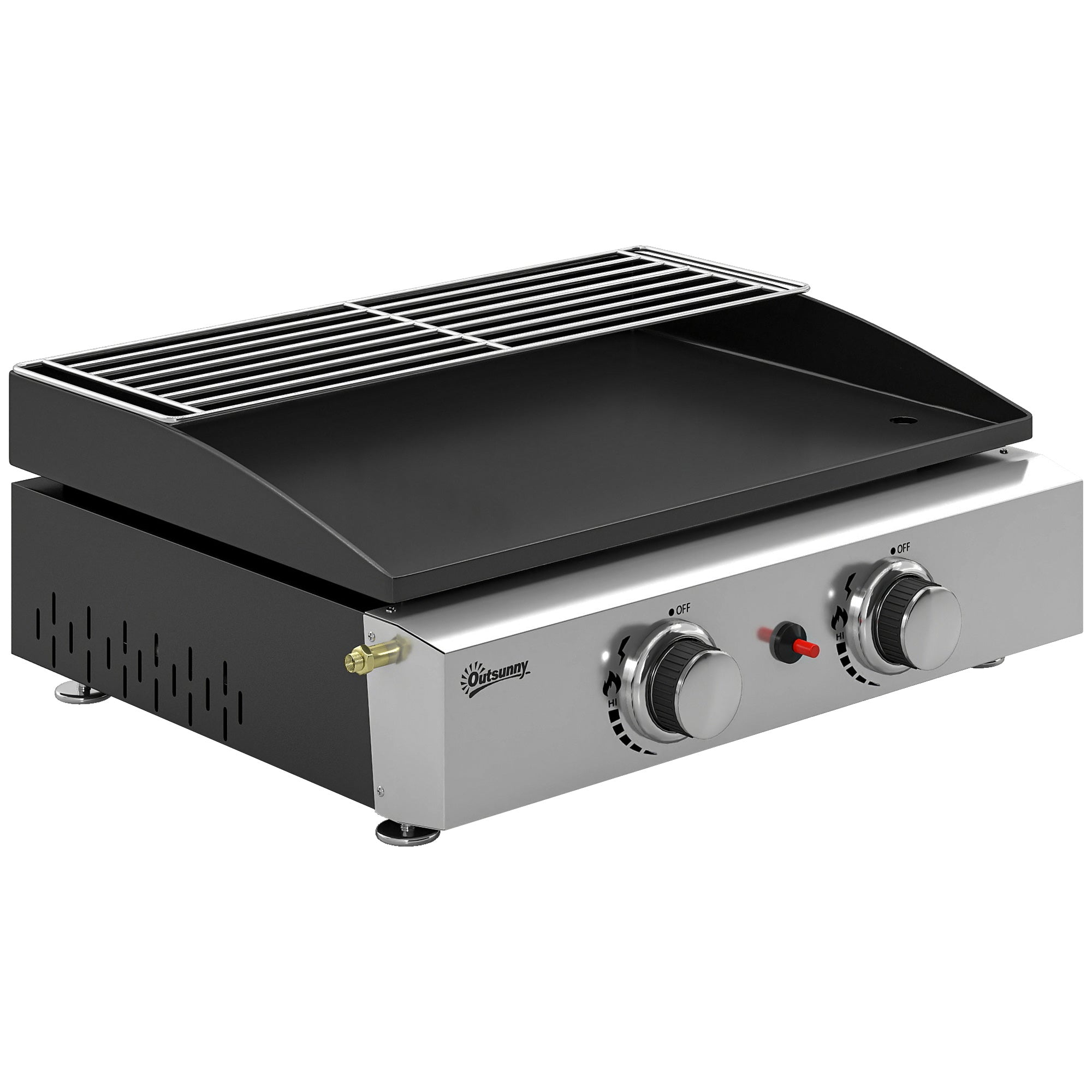 Portable Tabletop Gas Grill, 5 kW, 2 Burners, Ceramic-Coated Griddle, Warming Rack, Removable Grease Tray, Stainless Steel — Picnic & Balcony Grill