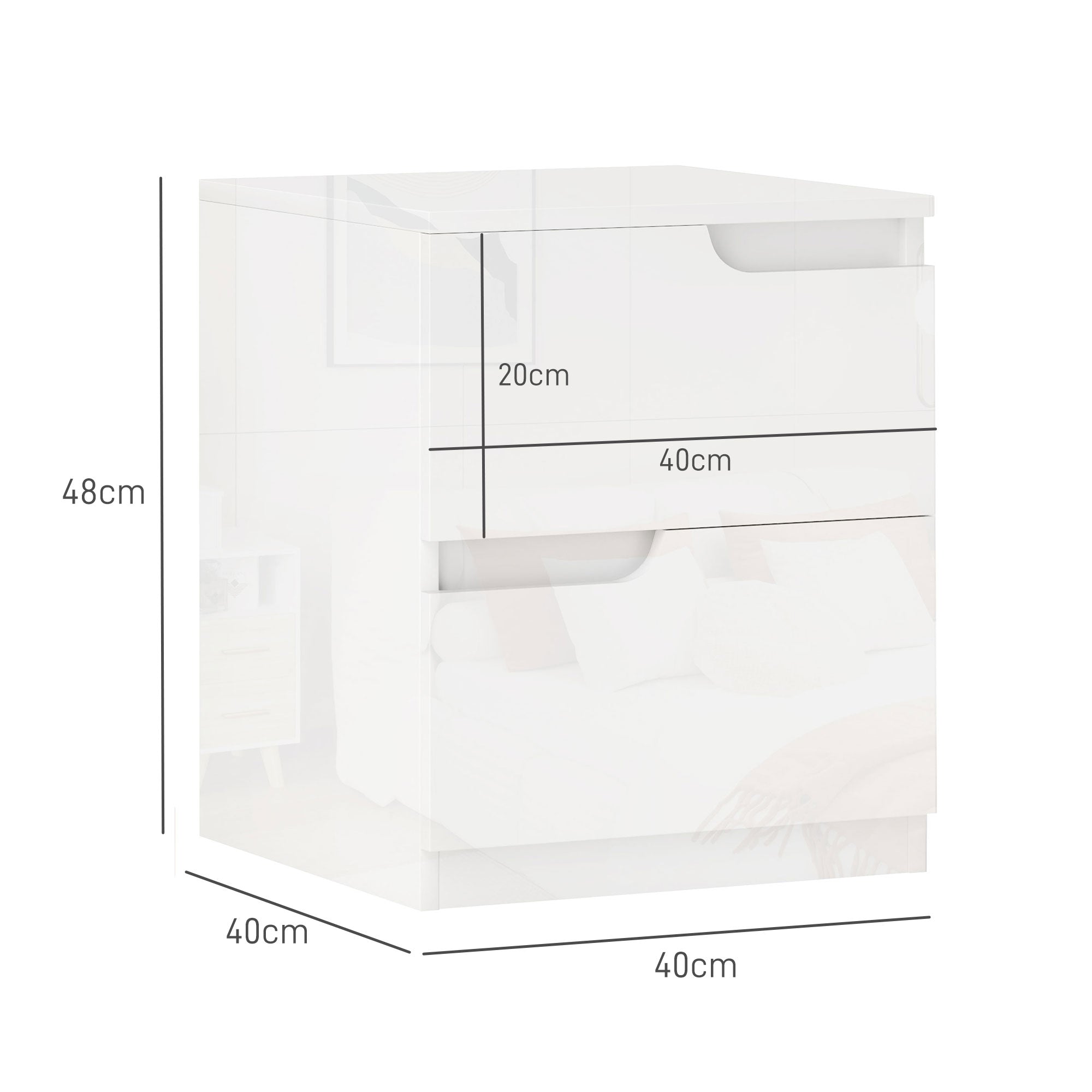 Modern and Minimalist 2-Drawer Chest of Drawers, Chipboard Wood Dresser, 40x40x48 cm, Glossy White