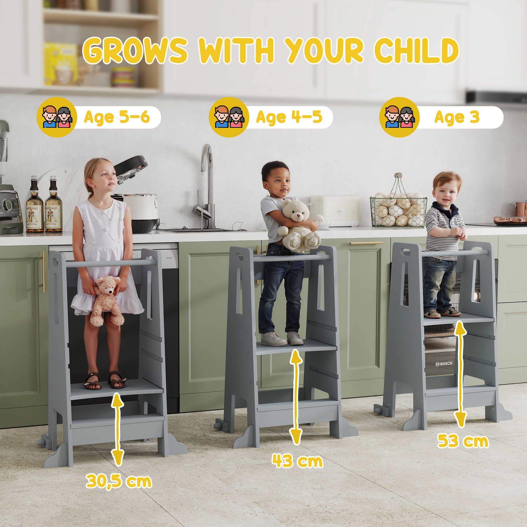 Wooden Learning Tower Kids Learning Stool for +3-Year-Olds with Pedal Adjustable Height in 3 Levels and Safety Rail for Bathroom Kitchen 45x47.5x91 cm Gray
