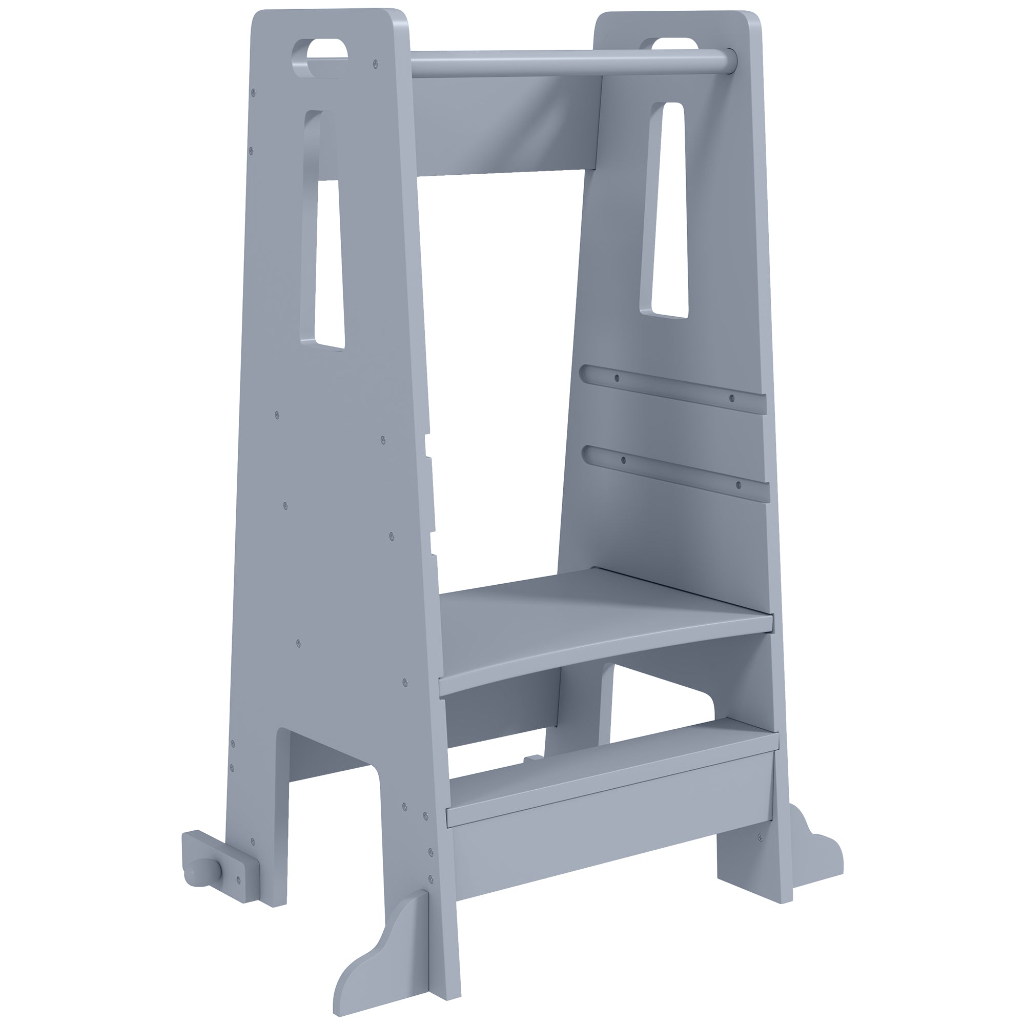 Wooden Learning Tower Kids Learning Stool for +3-Year-Olds with Pedal Adjustable Height in 3 Levels and Safety Rail for Bathroom Kitchen 45x47.5x91 cm Gray